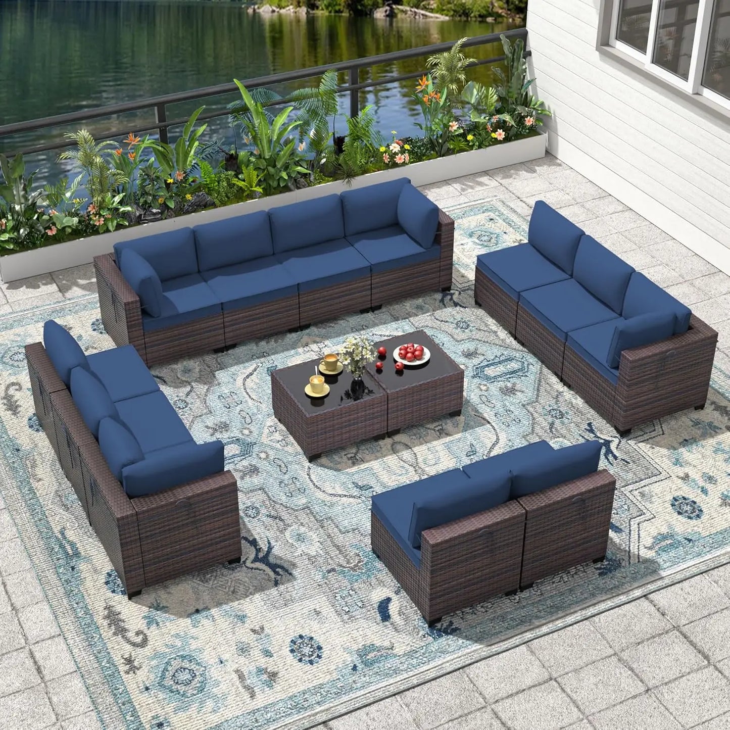 14 Pieces Outdoor Patio Furniture Set,Outdoor Sectional Furniture All Weather PE Rattan Wicker Patio Conversation Set, Custom