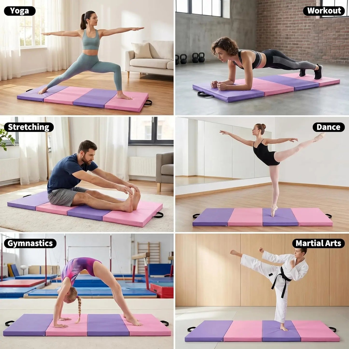 6x3 Ft Portable Four-Fold Gymnastics Mat, 2 inch Thick Tumbling & Exercise Pad, Folding Floor Mat for Home Workouts, Yoga, Pilates, Aerobics and Martial Arts Training