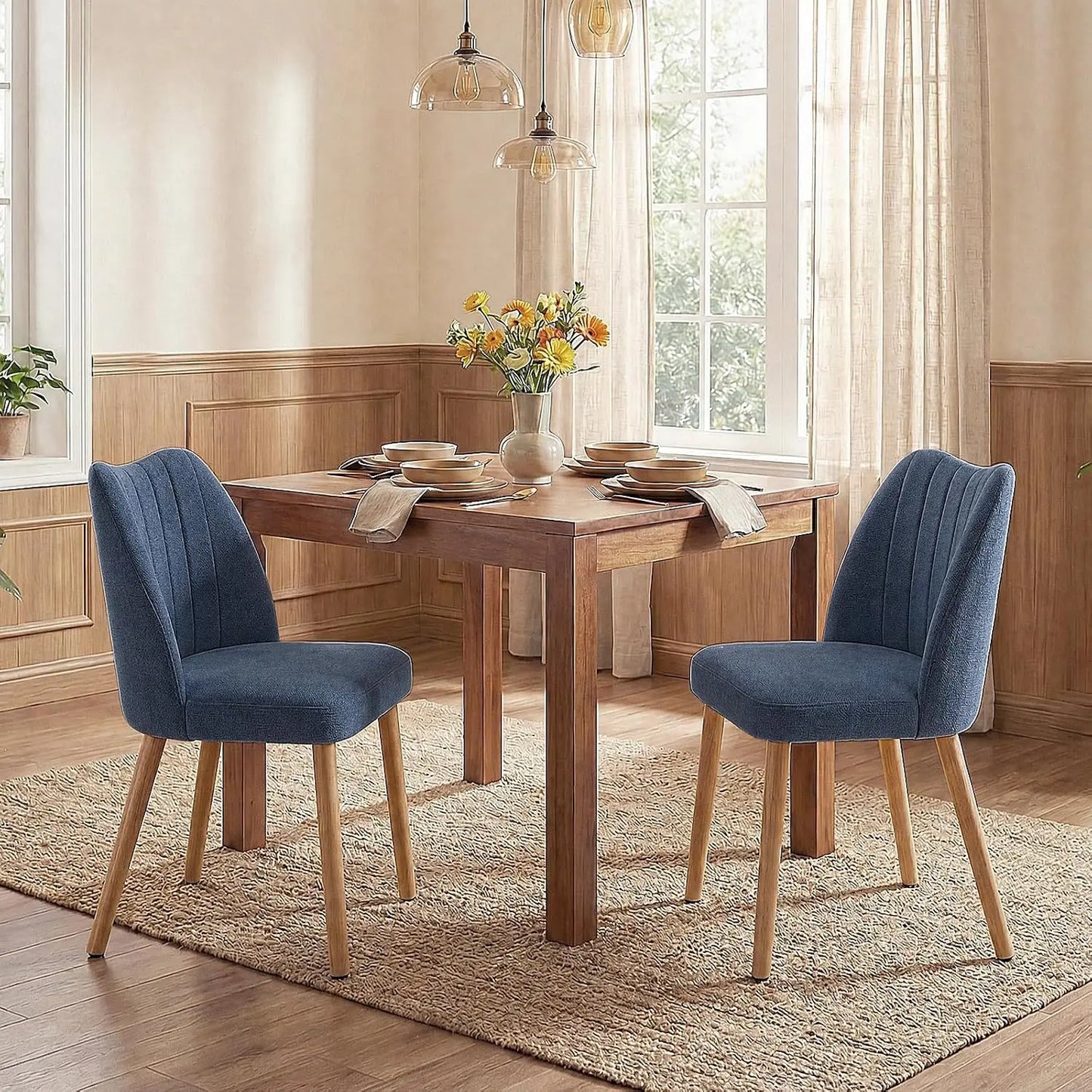 Set Of 2 Mid Century Modern Upholstered Dining Chairs, Fabric Kitchen Chairs With Curved Back And Wood Legs For Dining Room Living Room