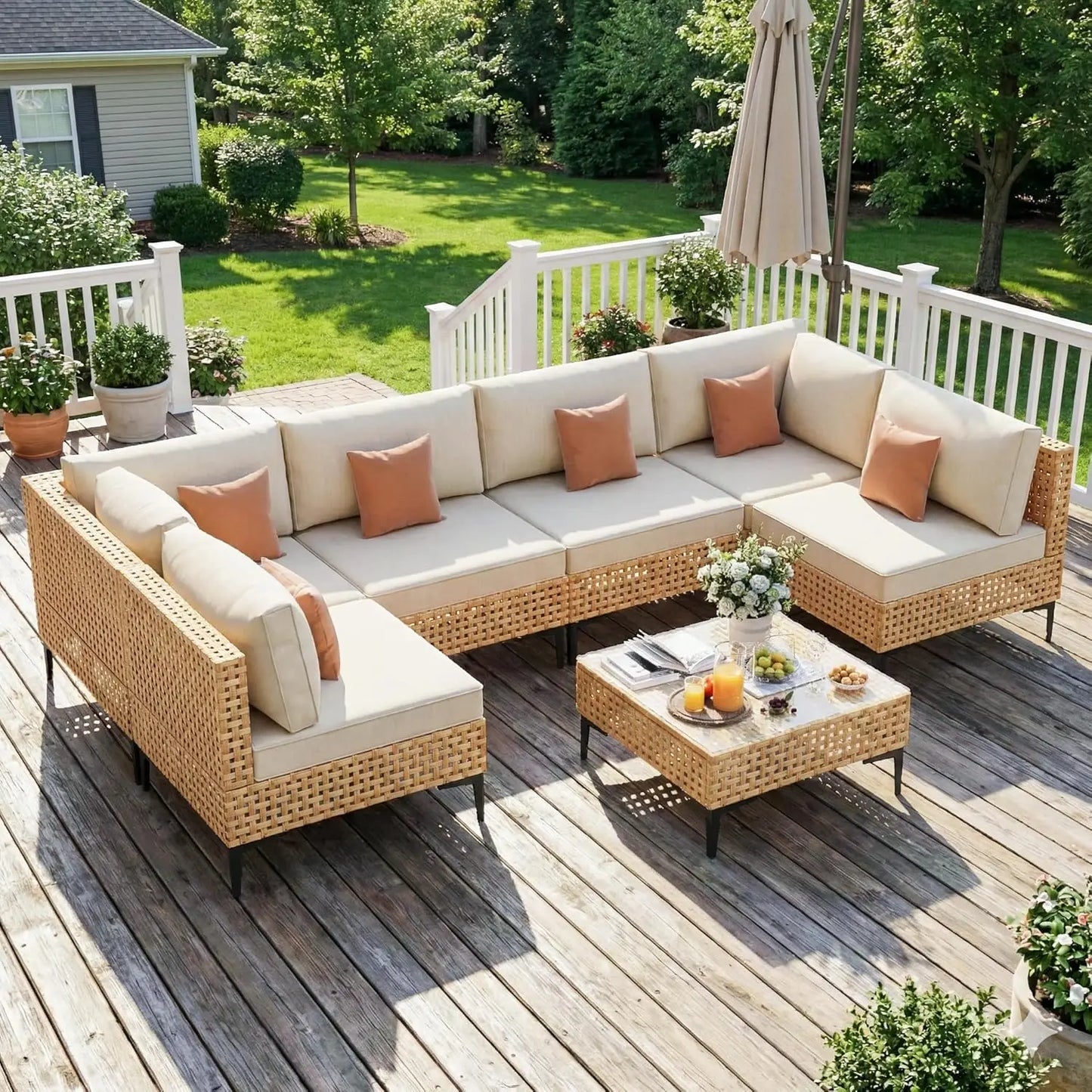 7 Piece Large Outdoor Sectional Sofa All Weather Wicker Thick Cushion Modular Patio Conversation Set For Porch Deck, Customized