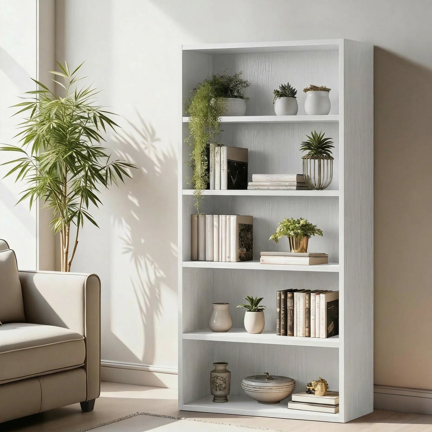 MCQ 5 Tier Wooden Bookshelf Black 53 Inch Tall Bookcase Standing Open Book Shelf Organizer Adjustable Display Storage Shelves