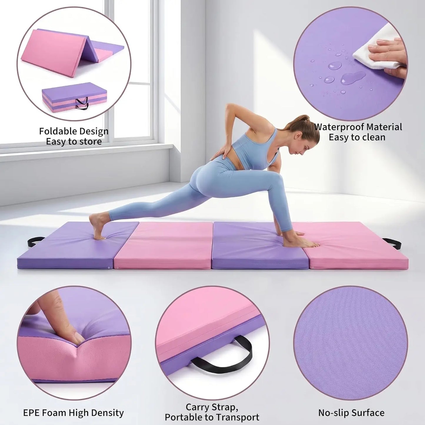 6x3 Ft Portable Four-Fold Gymnastics Mat, 2 inch Thick Tumbling & Exercise Pad, Folding Floor Mat for Home Workouts, Yoga, Pilates, Aerobics and Martial Arts Training