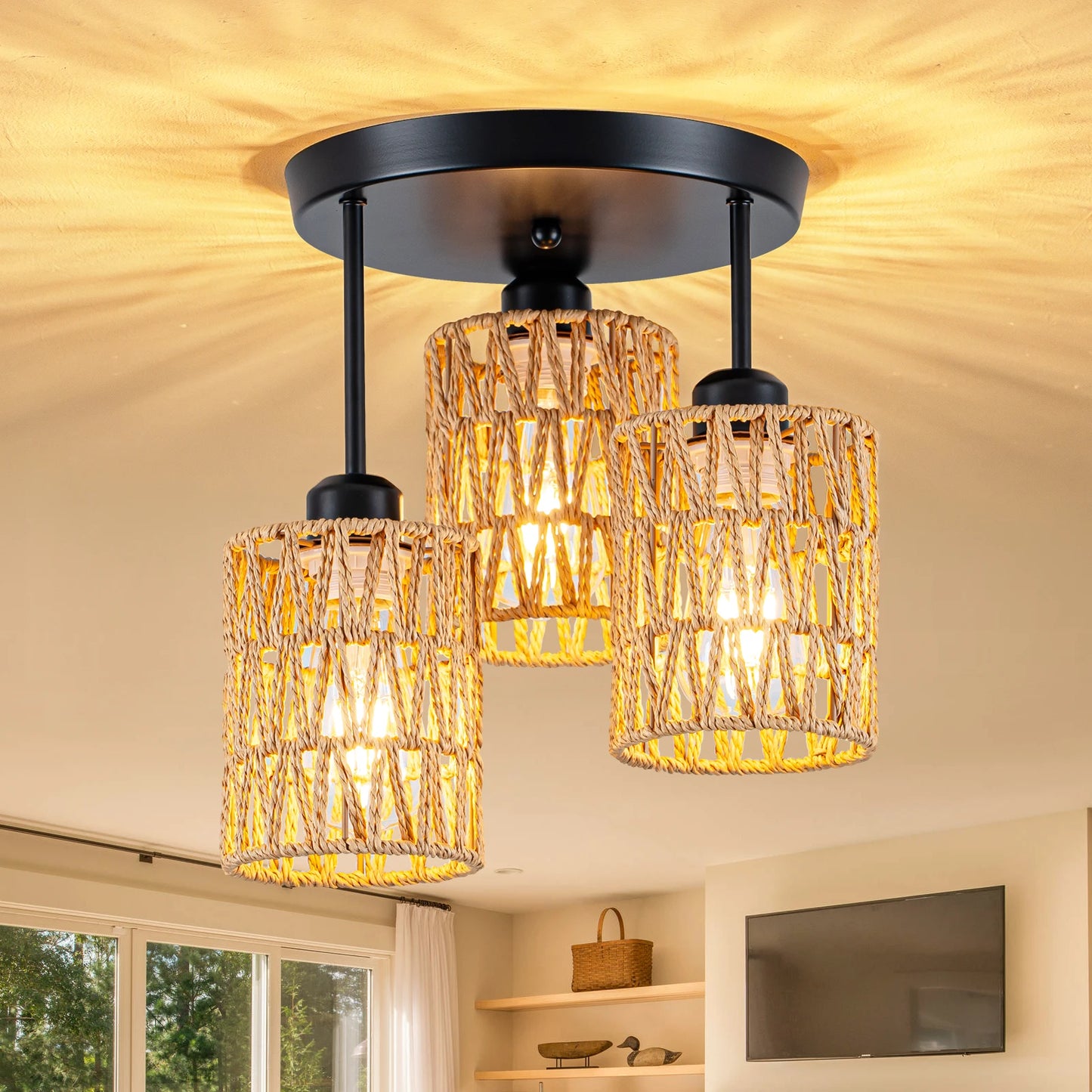 3-Lights Boho Light Fixtures Ceiling Mount, Farmhouse Rattan Chandelier, Hand Woven Cage Shade Semi Flush Mount Ceiling Lights for Bedroom Foyer Entryway Kitchen, Hallway Rattan Light Fixtures Ceiling bulb not included