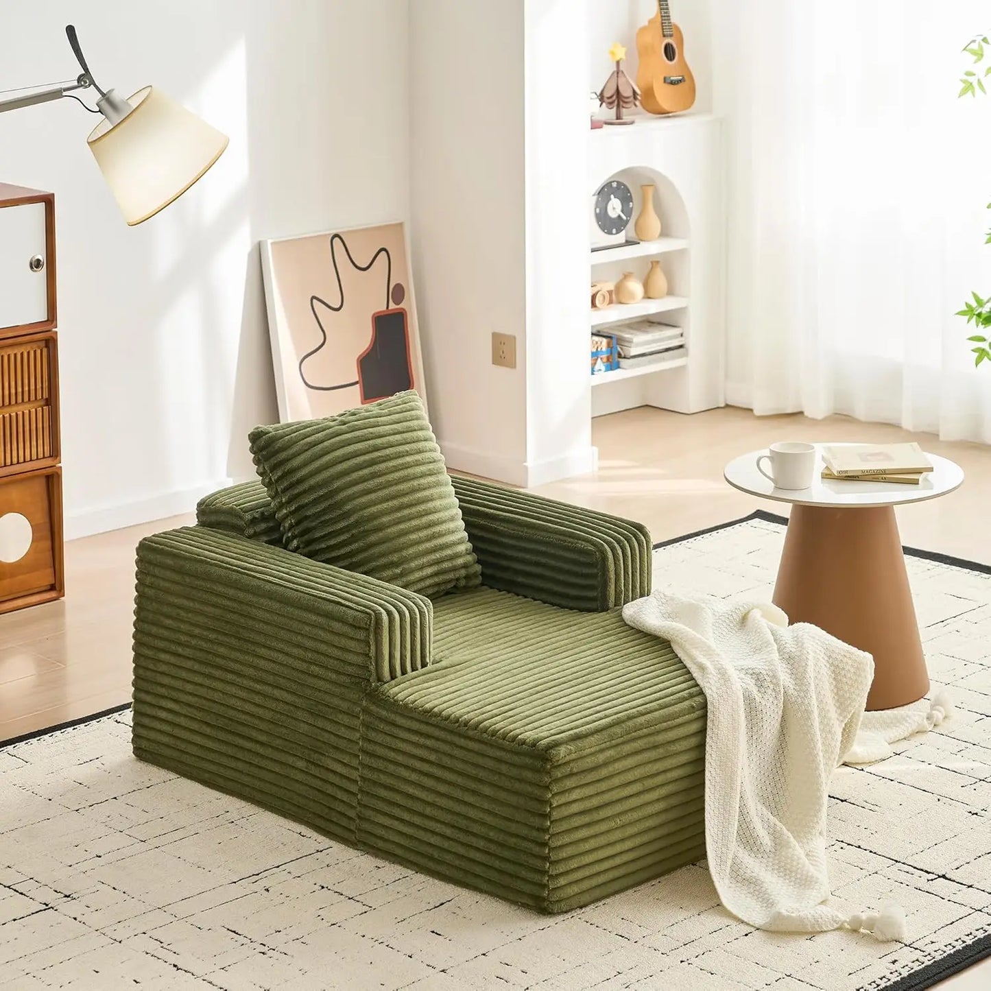 45'' Corduroy Cloud Chaise Lounge Sofa, Deep Seat Reading Chair With Wide Armrests, Back Pillow, No-Assembly Couch
