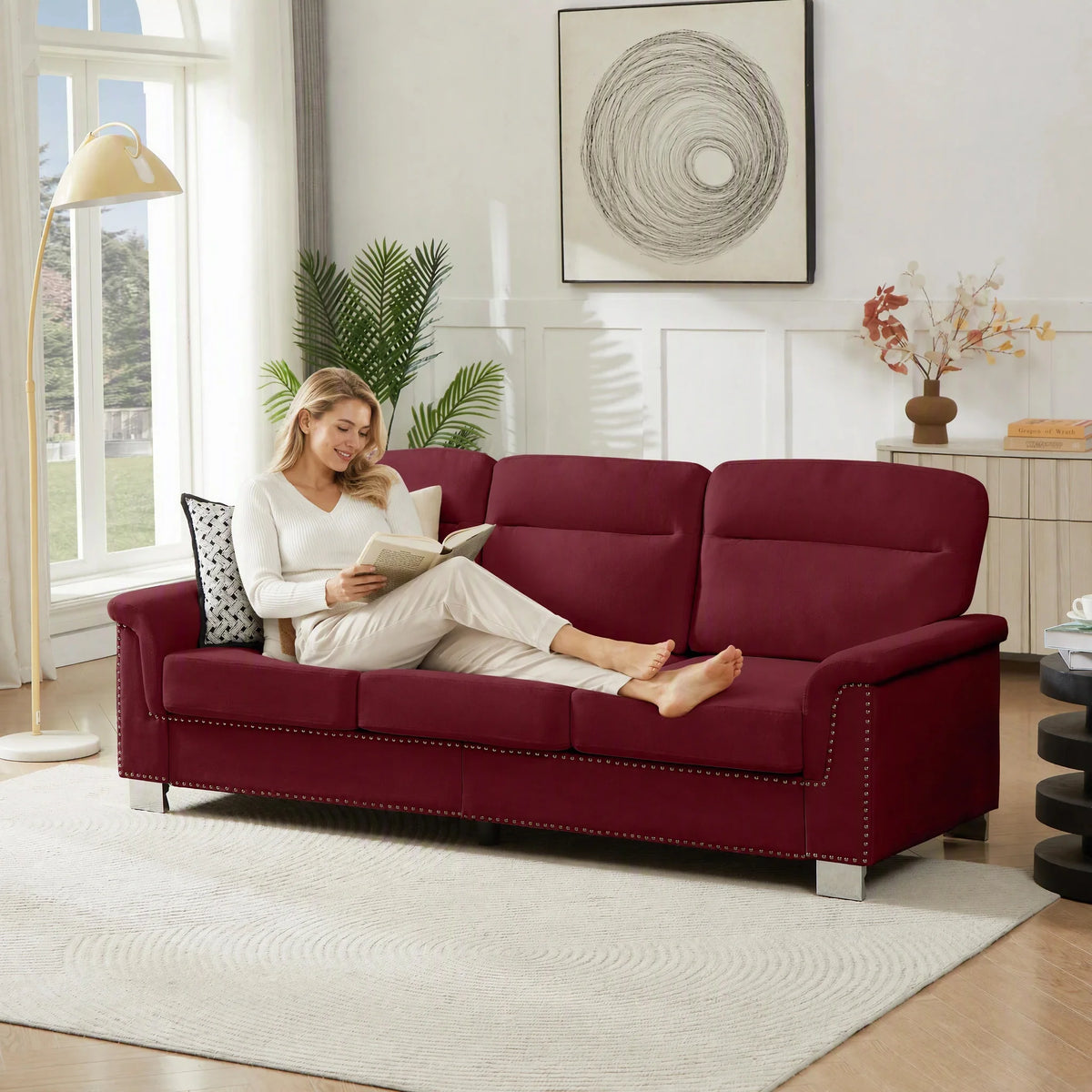 Modern Three Seater Sofa With Nailhead Trim And Metal Legs