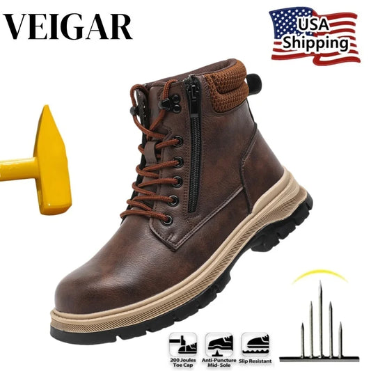 VEIGAR Men's Waterproof Leather Steel Toe Zipper Work Boots
