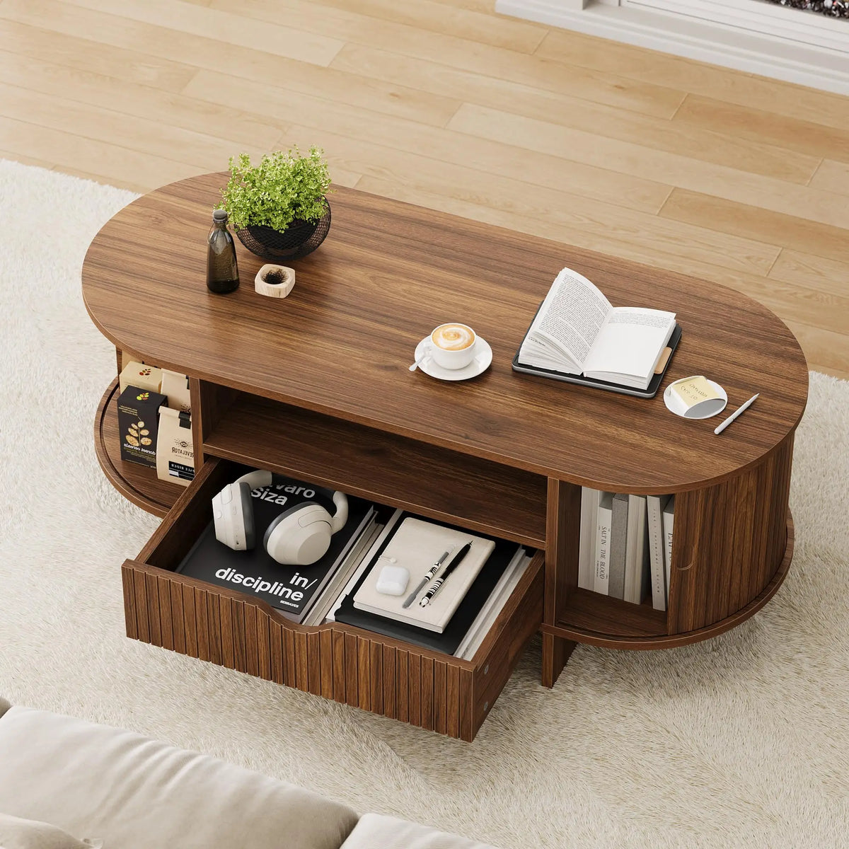 HiMISS Oval Coffee Table With Storage And Fluted Wood Design