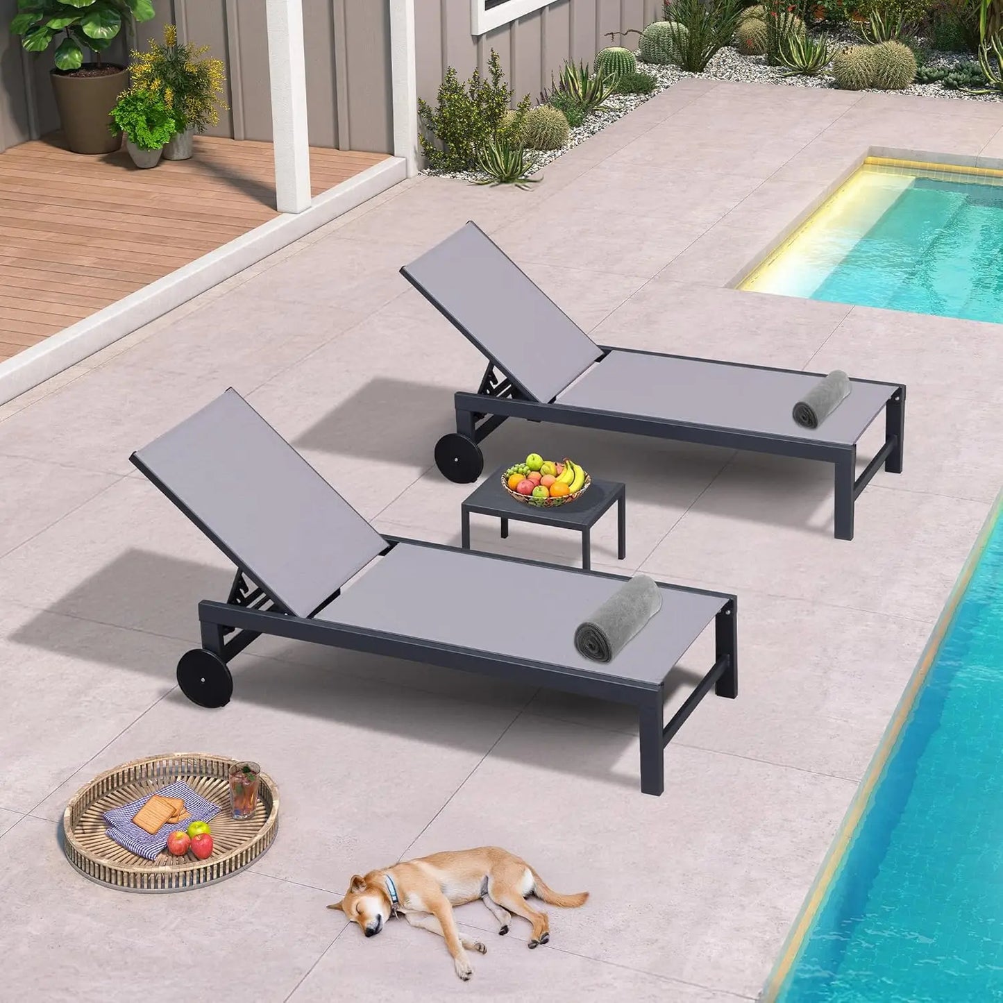 Outdoor Chaise Lounge with Wheels Aluminum Pool Lounge Chairs Set of 2 Fade-Resistant Patio Chaise Lounge with 5, Custom