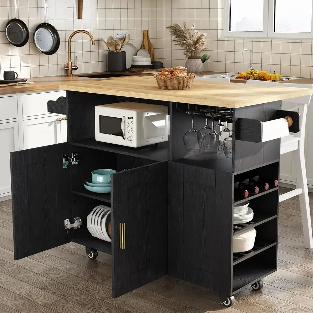 Rolling Mobile Kitchen Island with Storage and Drop Lea, Island Table with Countertop Power Socket and Wheel (Black, el 1.2)