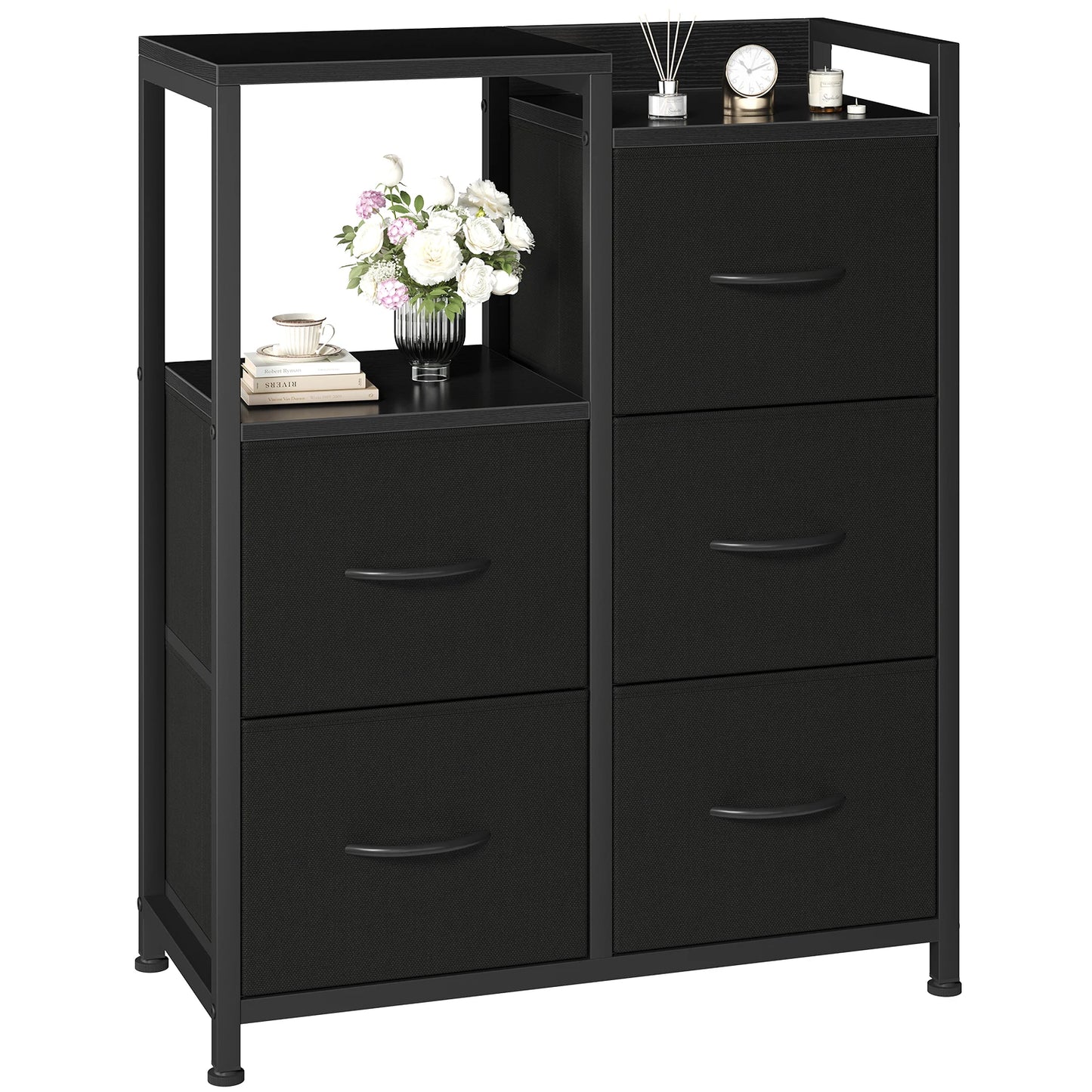 JHK  5 Fabric Drawer Chest with Raised Shelf Metal Frame TV Stands for Bedroom Storage Tower with Bins for Closet Organization Hallway Storage for Home