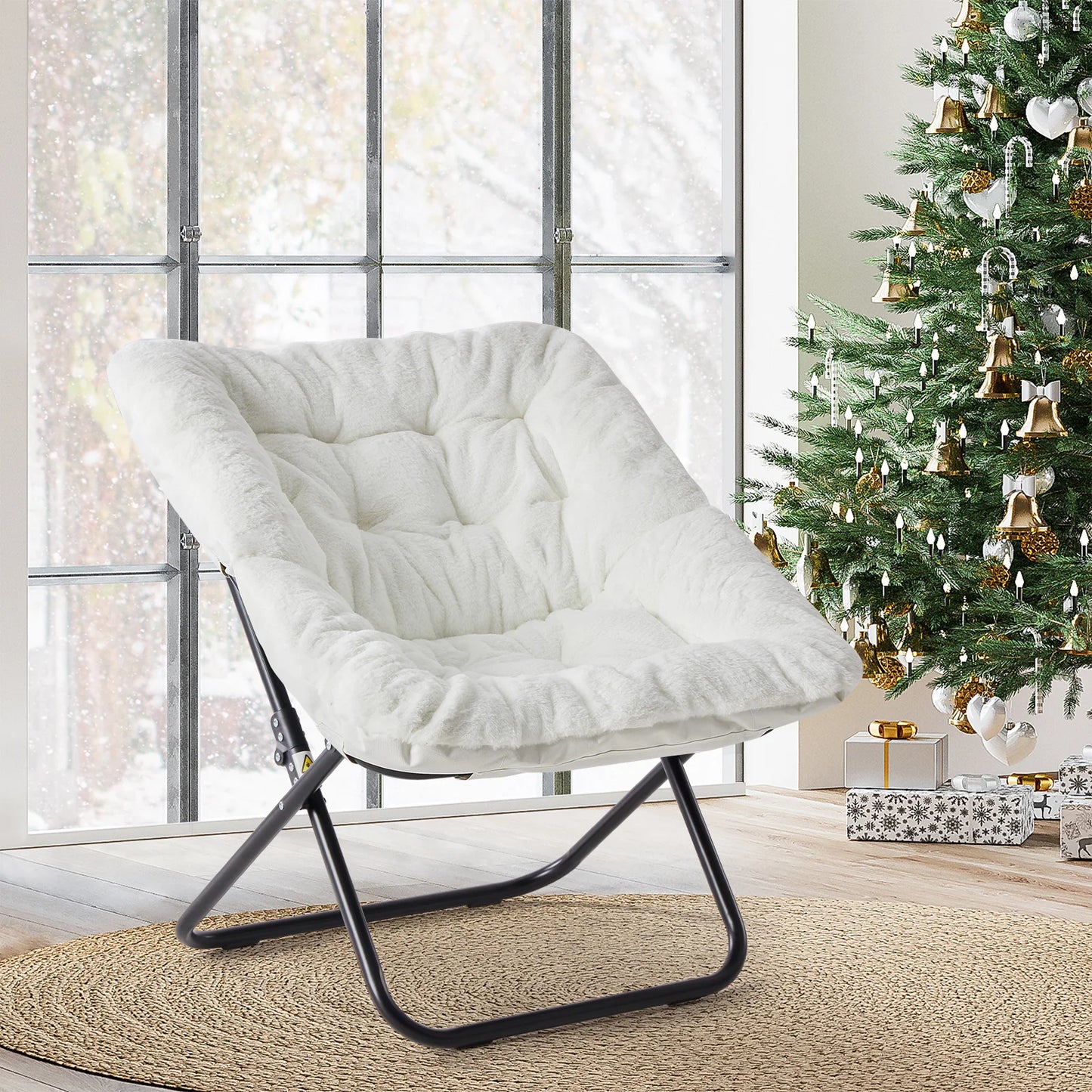JHK Cozy Saucer Chair Faux Fur Folding Lounge Reading Chair Metal Frame