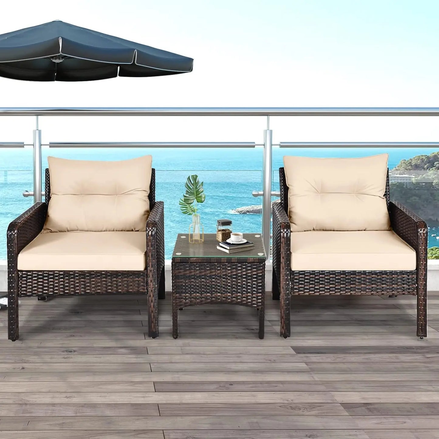 3-Piece Wicker Patio Sofa Set with Cushions & Table, All-Weather Outdoor Furniture for Balcony Deck Porch, Brown, Customized