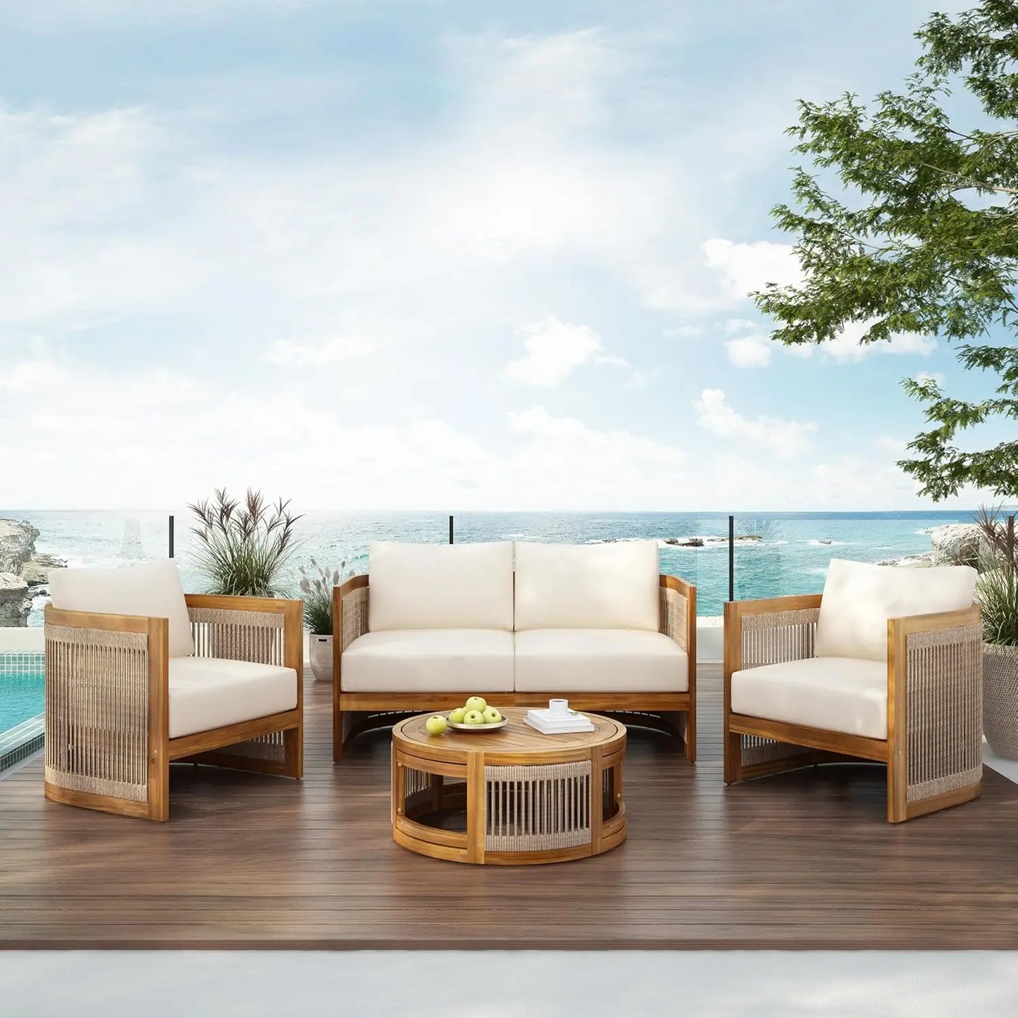4-Piece Patio Conversation Set, All Weather Sectional Sofa Set w/ 2 Chairs, Loveseat & Table Premium, Acacia Wood Outdoor Furnit