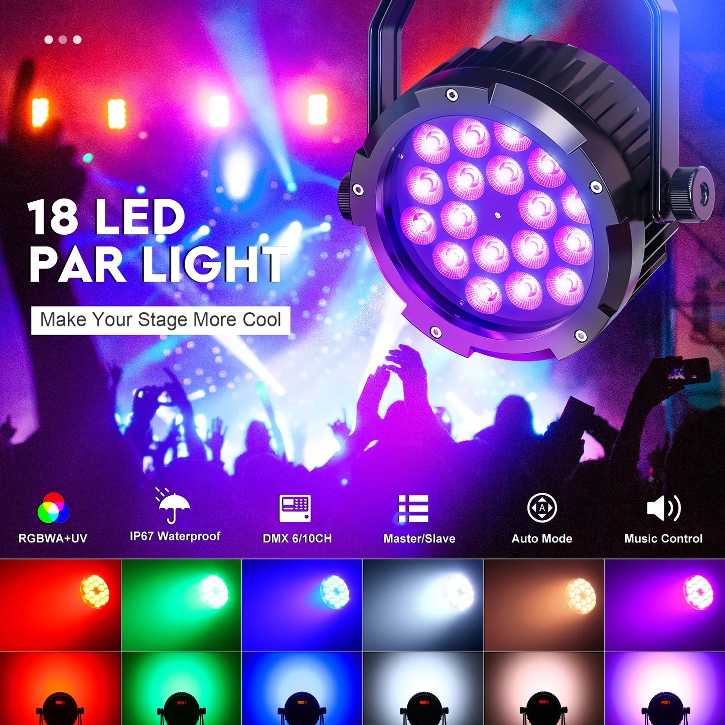 Rudderstar 4Pcs Waterproof 18LEDs Par Light RGBWA UV