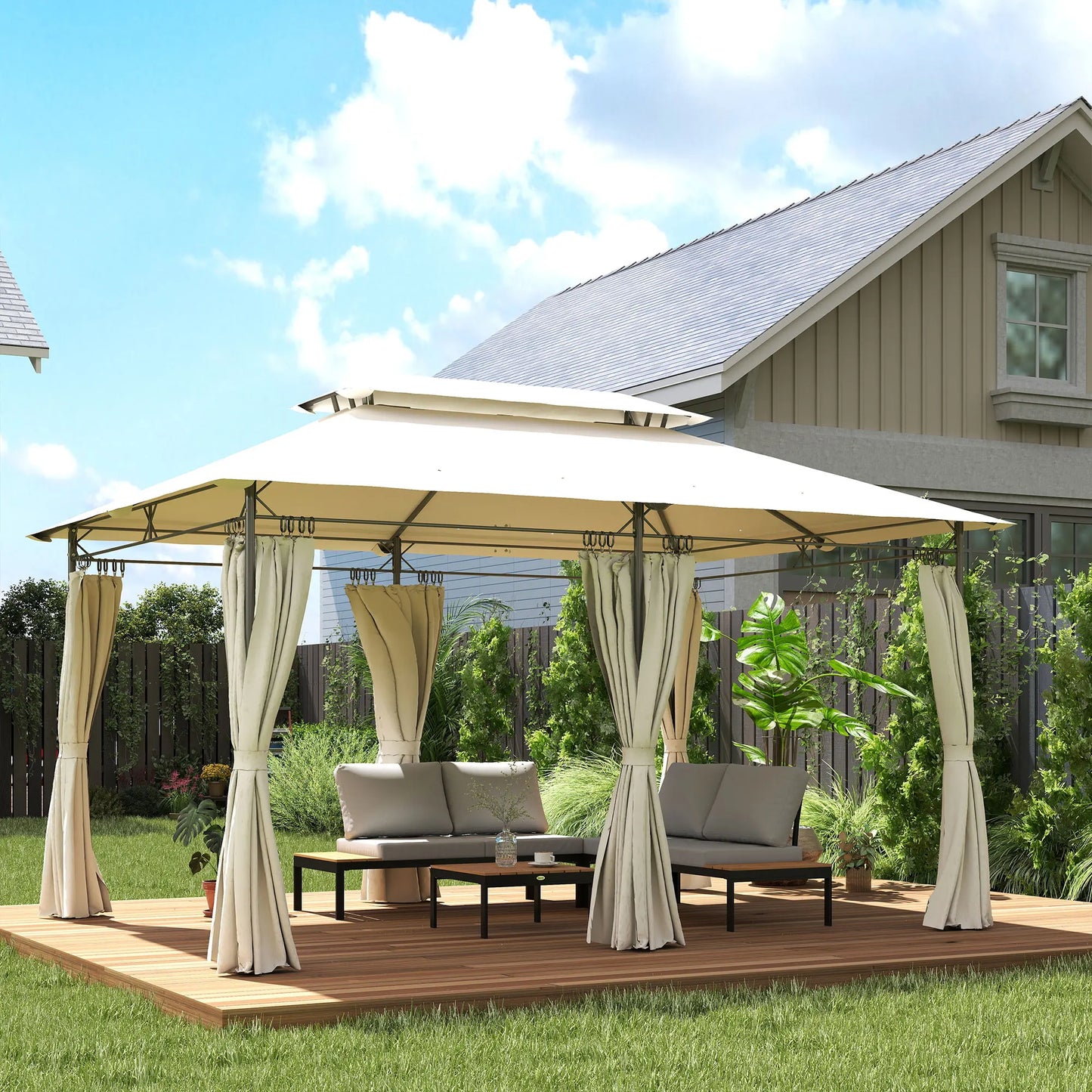 10 X 13 ft Double Roof Patio Gazebo with Curtains, Cream White