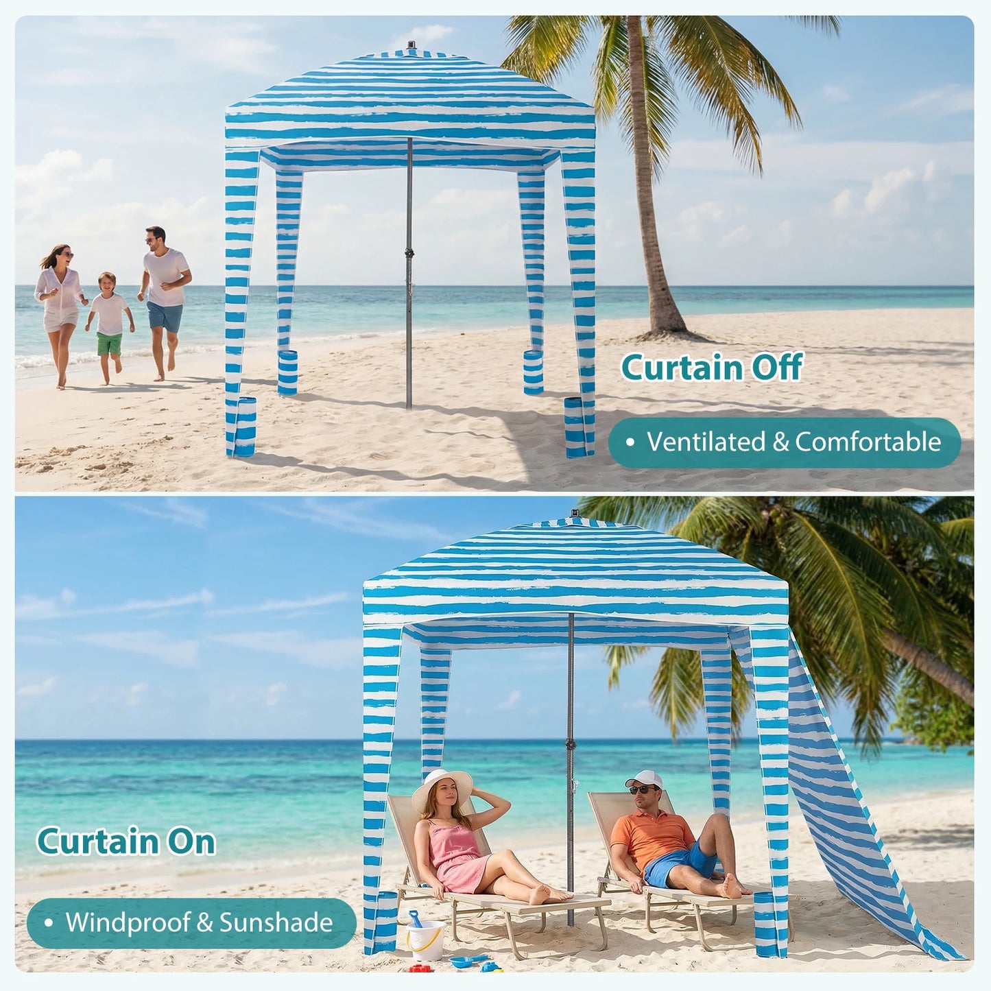 JHK 6×6 FT Beach Tent Sun Shelter with Side Wall Easy Setup Wind Resistant Cool Canopy Tent UPF 50+ Beach Cabana for Family