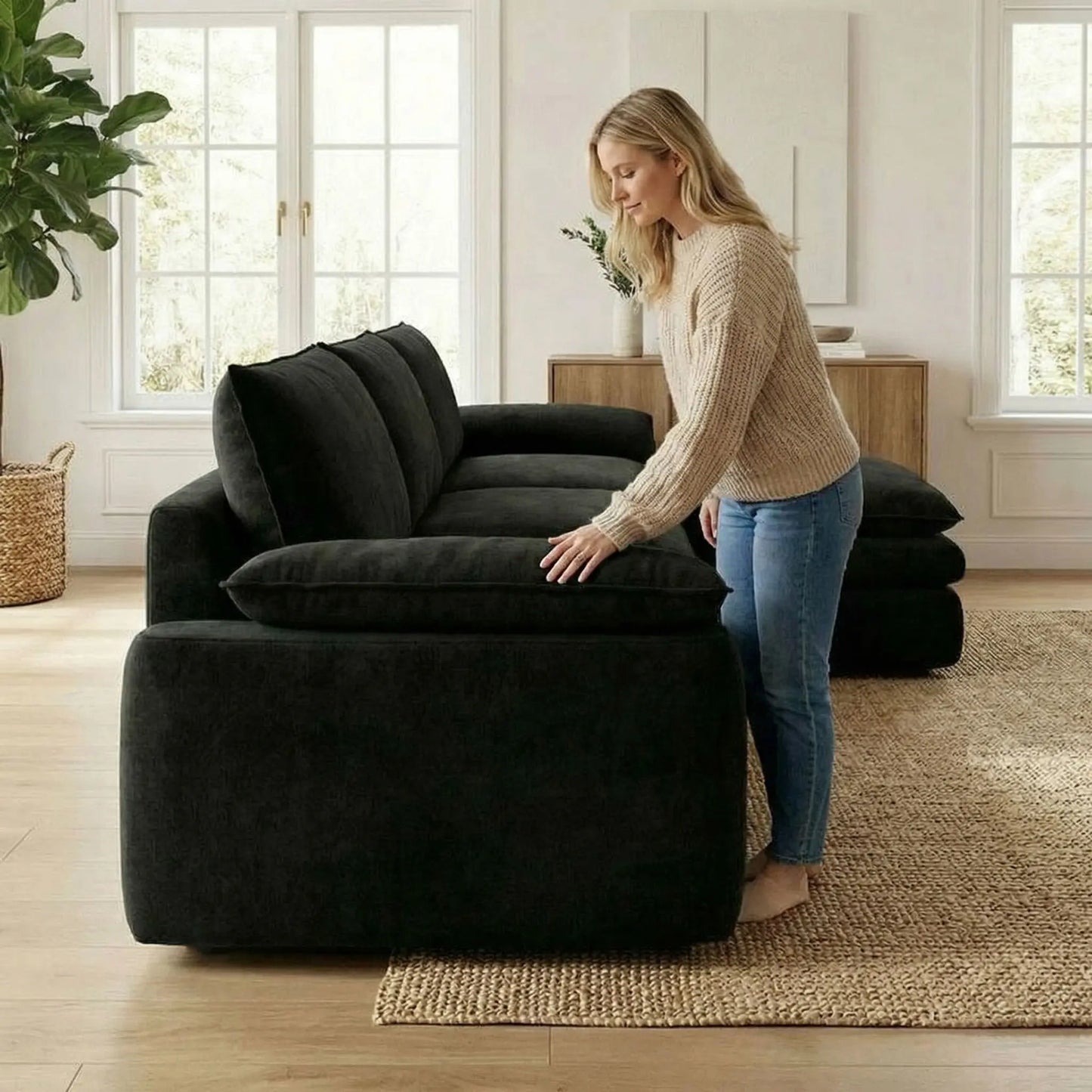 118 Inches L-Shaped Chenille Cloud Lazy Sofa, Black Oversized Deep Seat Modular Sectional Couch with Chaise Lounge, Ultra Soft Cat Scratch Resistant Chenille Fabric, No Assembly Low Maintenance Extra Comfort Large Sofa, Unive