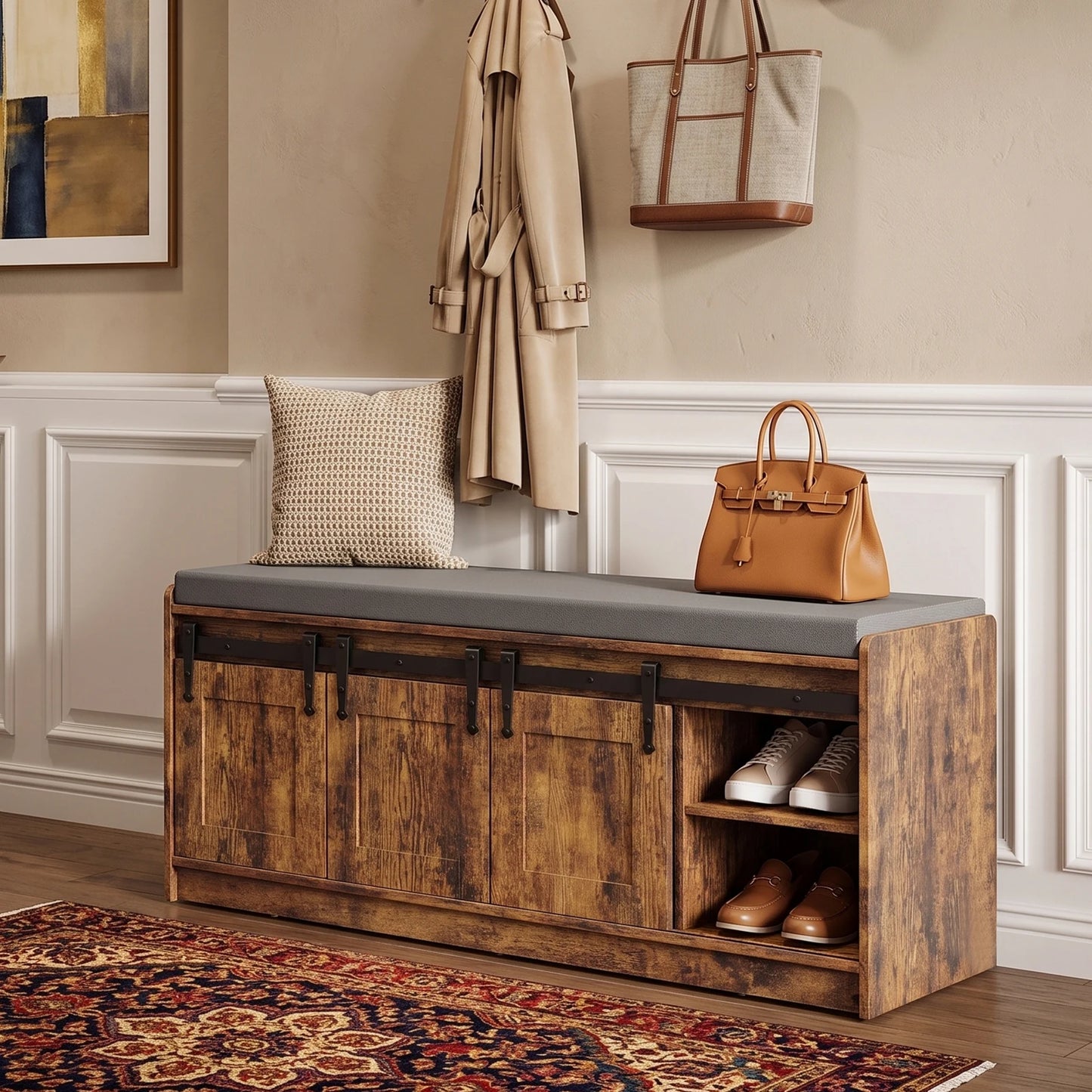 TinyNest Shoe Storage Benches With Linen Seat Cushion, 41.7 inch Farmhouse Entryway Bench, Shoe Rack Cabinet Bench Organizer With Adjustable Shelf & Sliding Door for Entryway, Hallway, Living Room, Bedroom End of Bed, Rustic