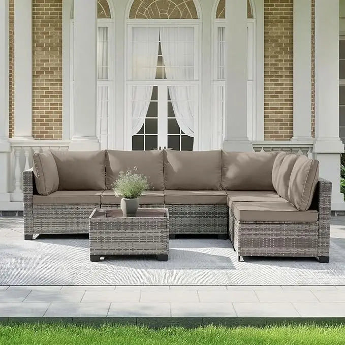 7 Pieces Outdoor Patio Furniture Sets, All-Weather Sectional Sofa Dark Brown PE Rattan Wicker Conversation, Customized