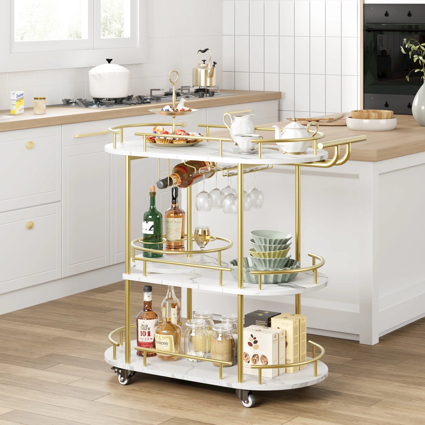 HiMISS 3 Tiered Bar Cart With Wheels And Wine Rack
