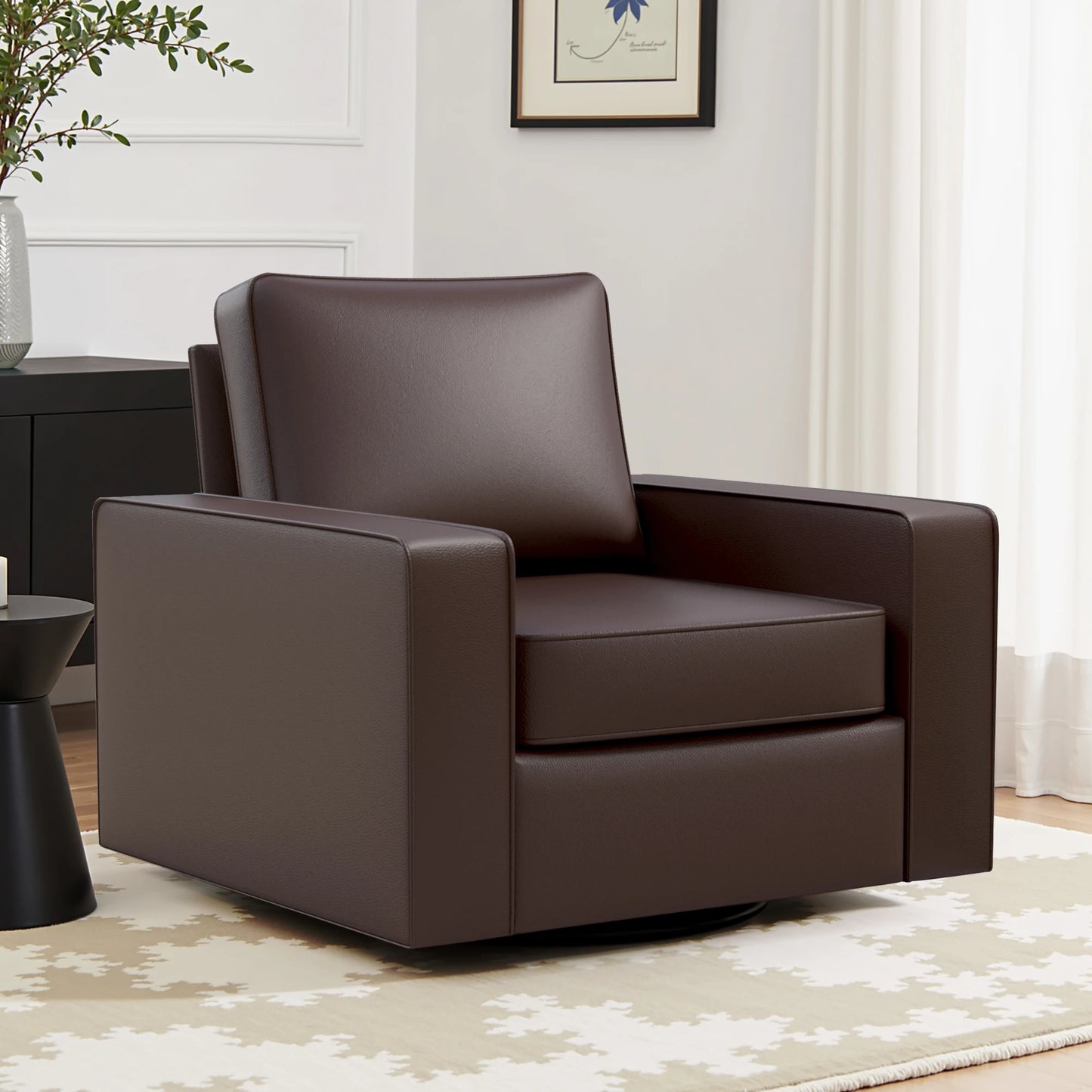 KERDOM 360° Swivel Accent Chair, PU Leather Living Room Chairs with Deep Seat and Upholstered, Square Armchairs for Bedroom, Reading Nook, Easy Assemble, Espresso