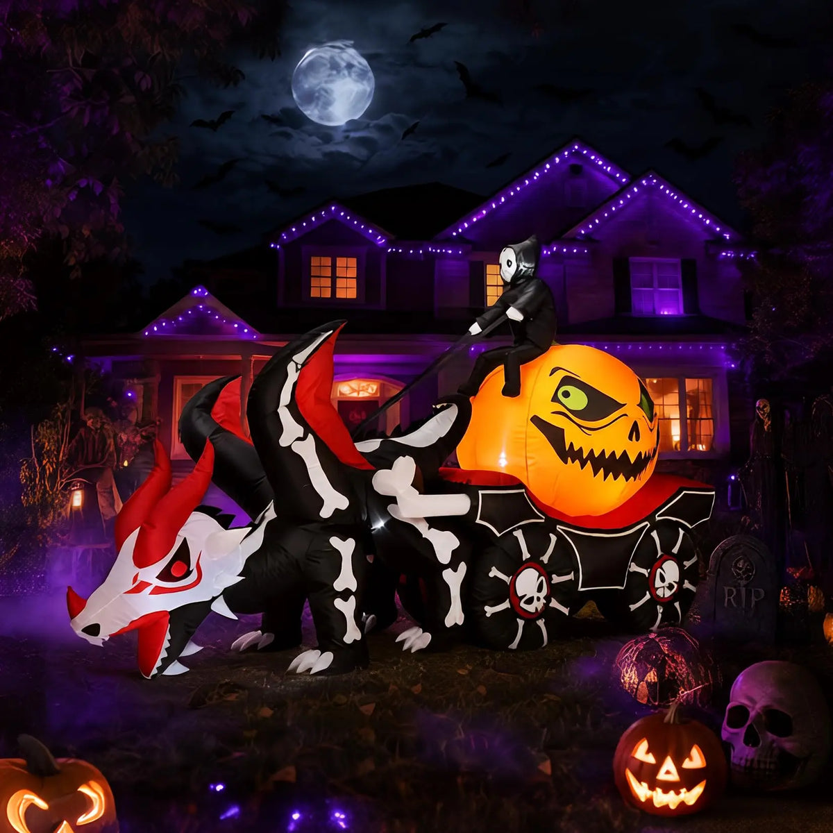 HiMISS Halloween Grim Reaper Dragon Carriage Inflatable With LED Lights