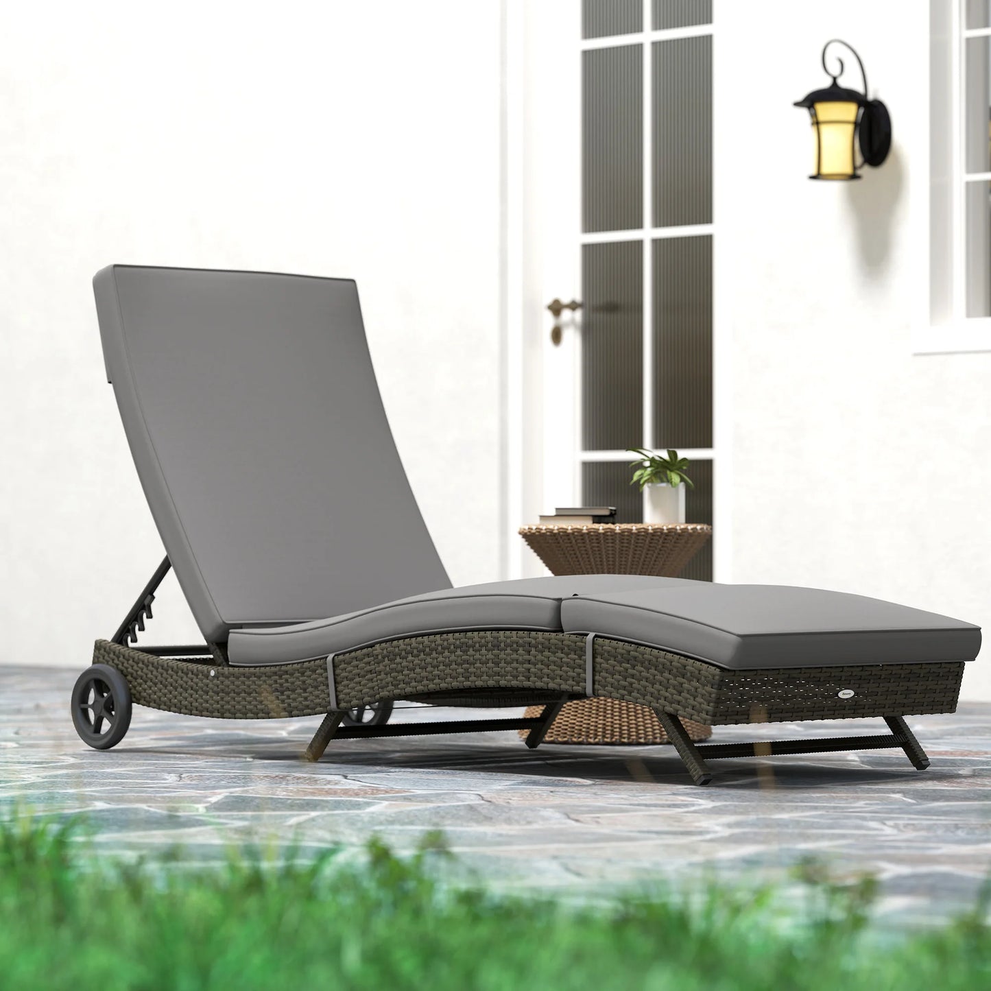 Outdoor Reclining Lounge Chair, PE Wicker, Rolling Wheels, Patio, Grey