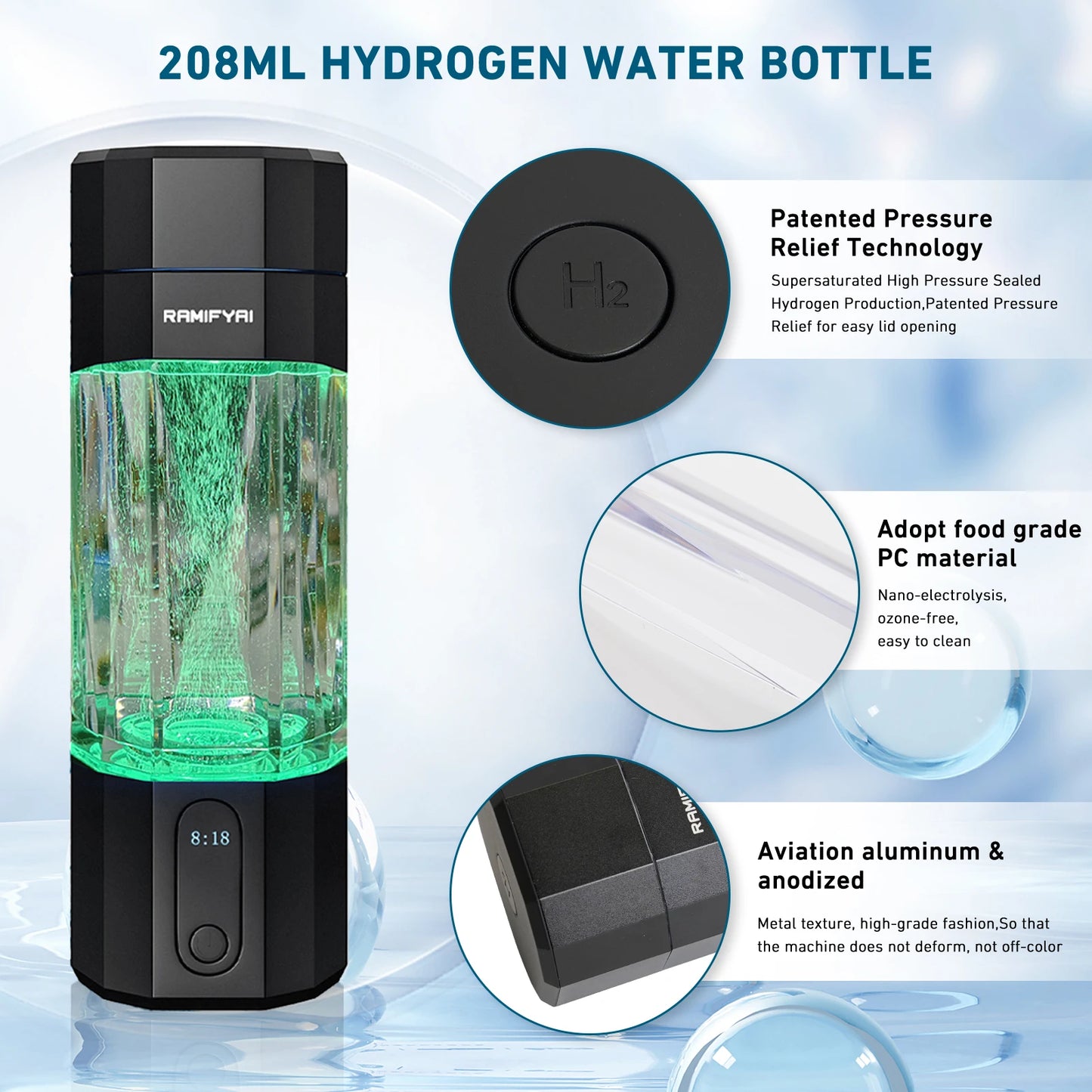 Hydrogen Water Bottle With SPE PEM Tech Leakproof Seven LEDs