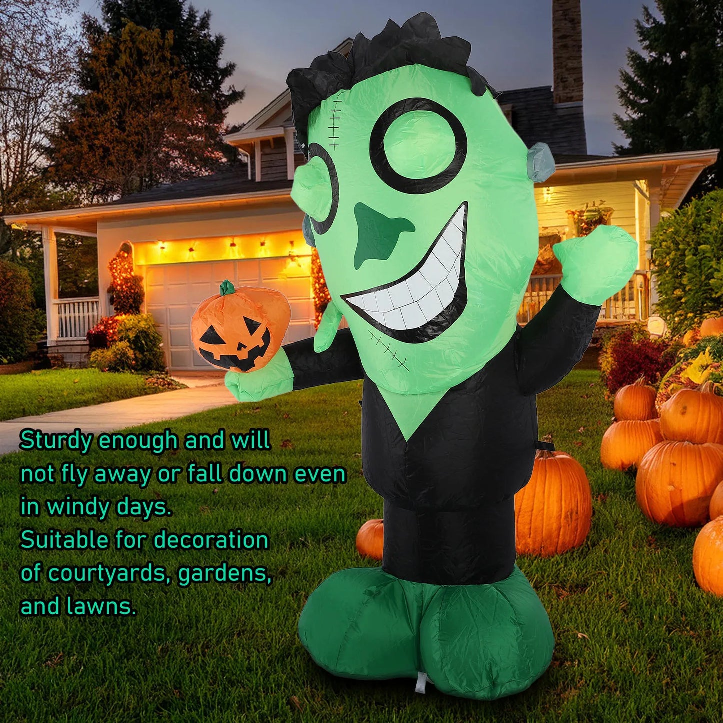 3.9ft Inflatable Green Monster w Pumpkin Big Eyes LED Lights Outdoor Yard Garden Lawn Holiday Party Decor IP44 Water Resistant