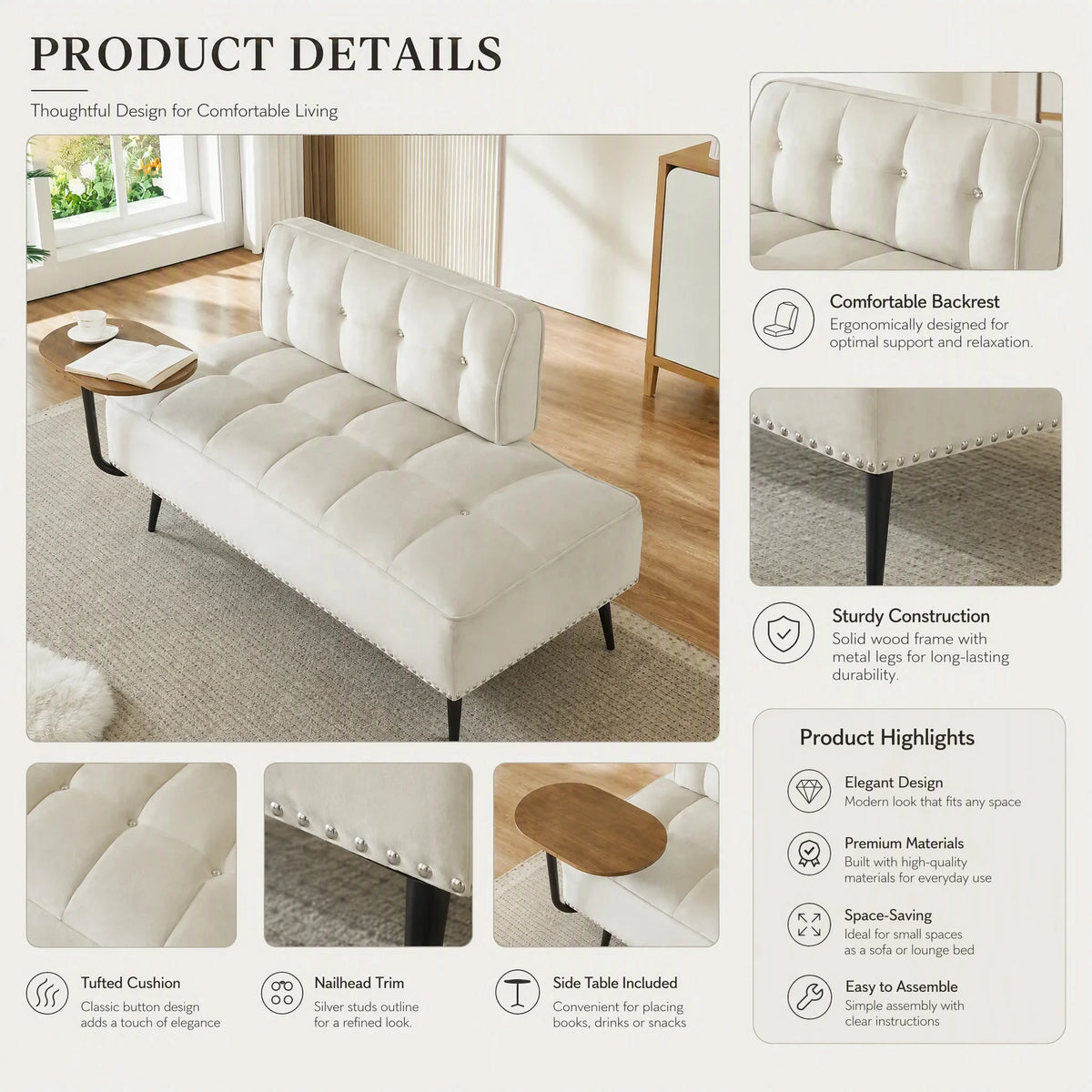 Modern Velvet Sofa With Rotating Side Table For Small Spaces