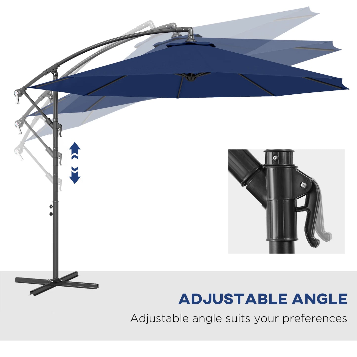 10' Cantilever Hanging Tilt Offset Patio Umbrella with Uv & Water Resistant Material and Cross Base (Weight Not Included), Navy Blue