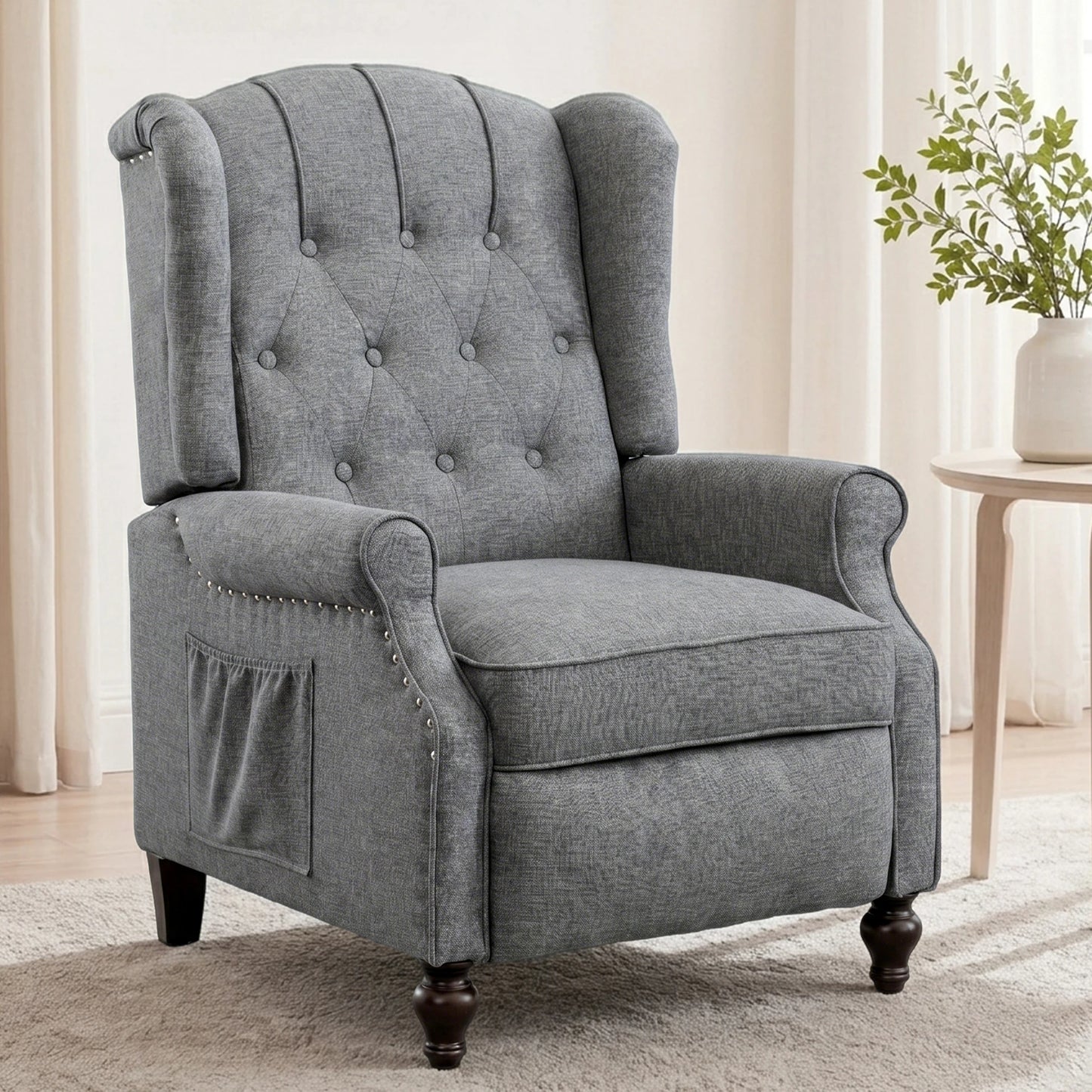 TCGBKAF Mid Century Wingback Pushback Recliner Armchair Massage & Heated Recliner Chair with Button-Tufted Back, Rivet Decoration and Solid Wood Legs for Living Room, Bedroom & Office