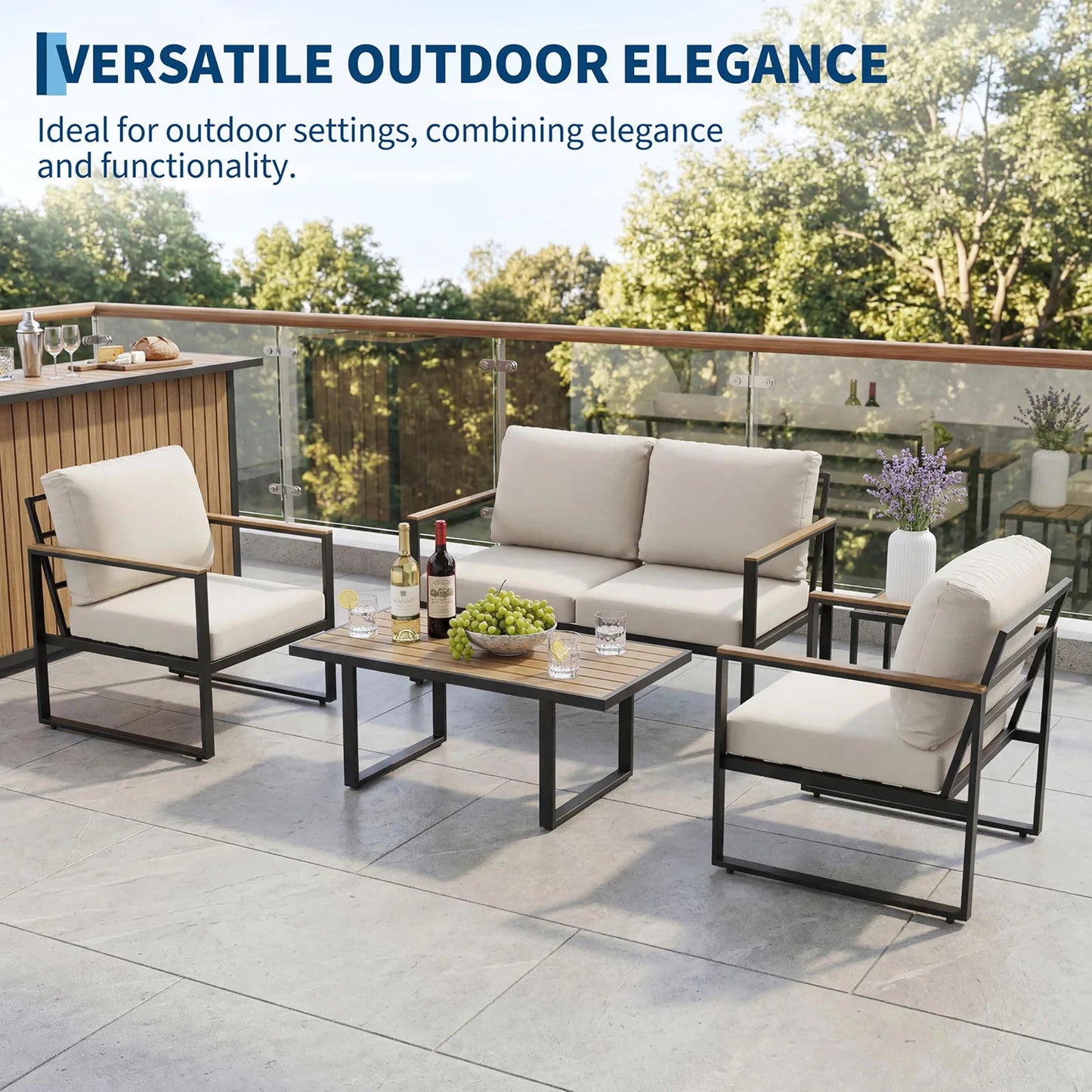 Modern 4-Piece Patio Furniture Set Outdoor Conversation Sectional Sofa With Coffee Table Thick Washable Cushions For Lawn Deck