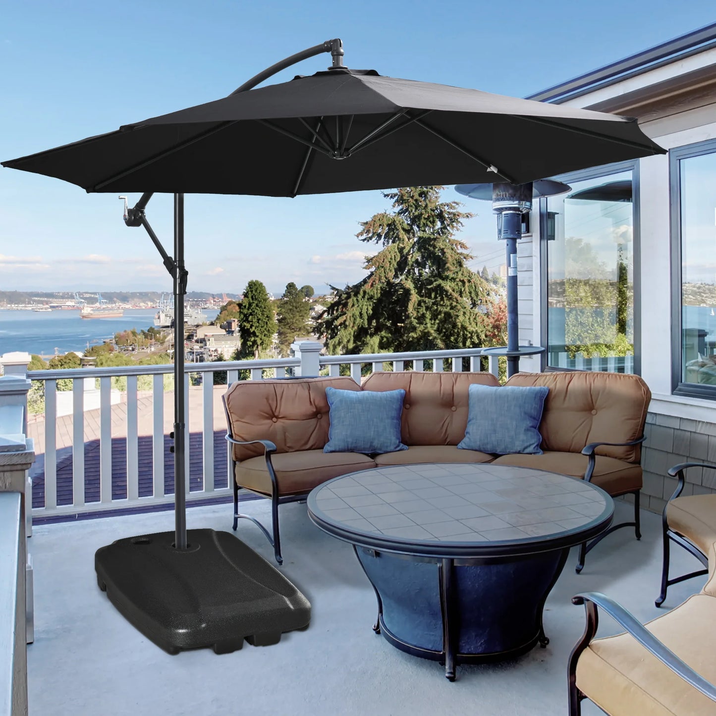 Cantilever Offset Umbrella Base Stand with Wheels, Water and Sand Filled, Black
