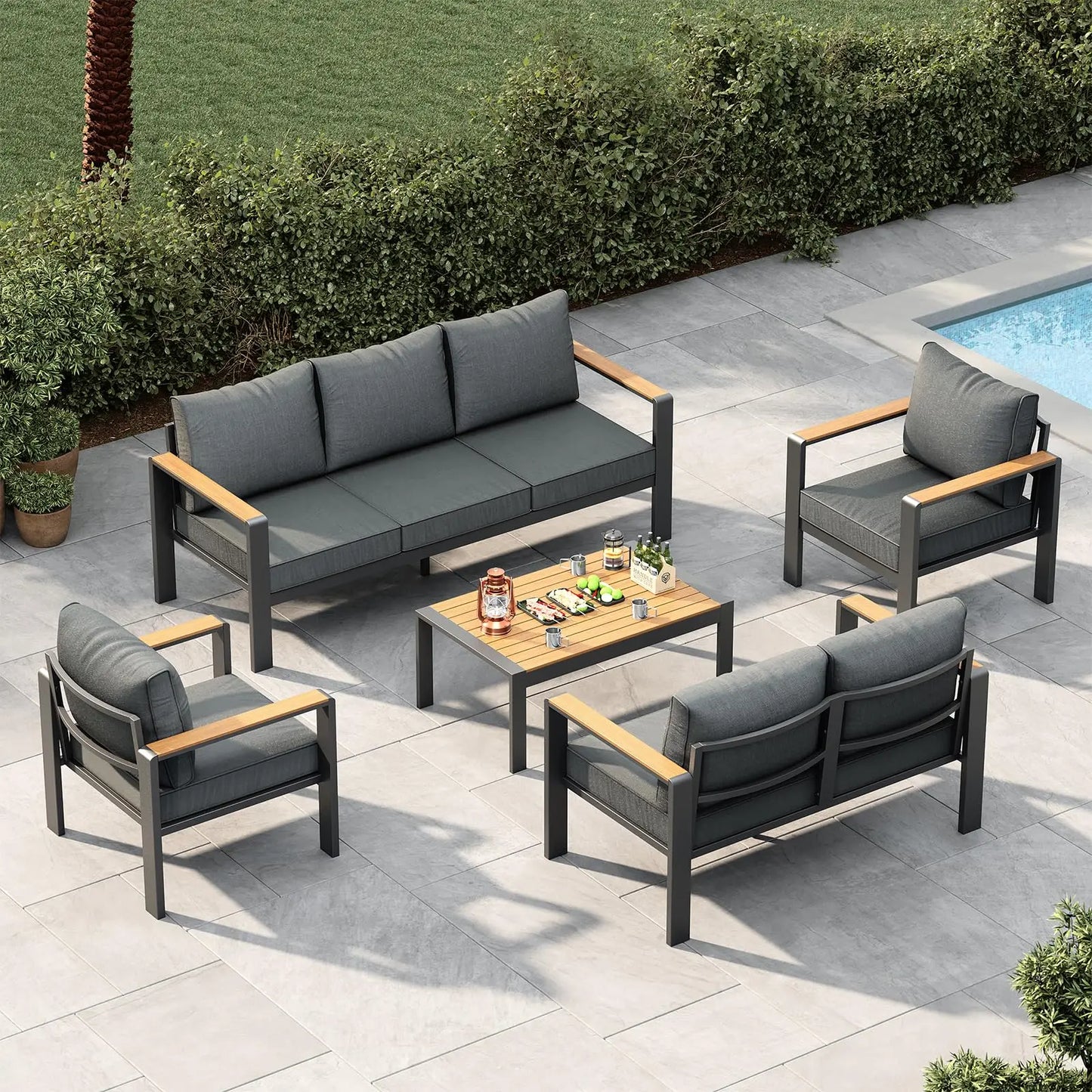 7 Seat Aluminum Patio Furniture Set, Outdoor Sectional Sofa With 5 Inch Thick Cushions & Coffee Table For Porch Deck Yard