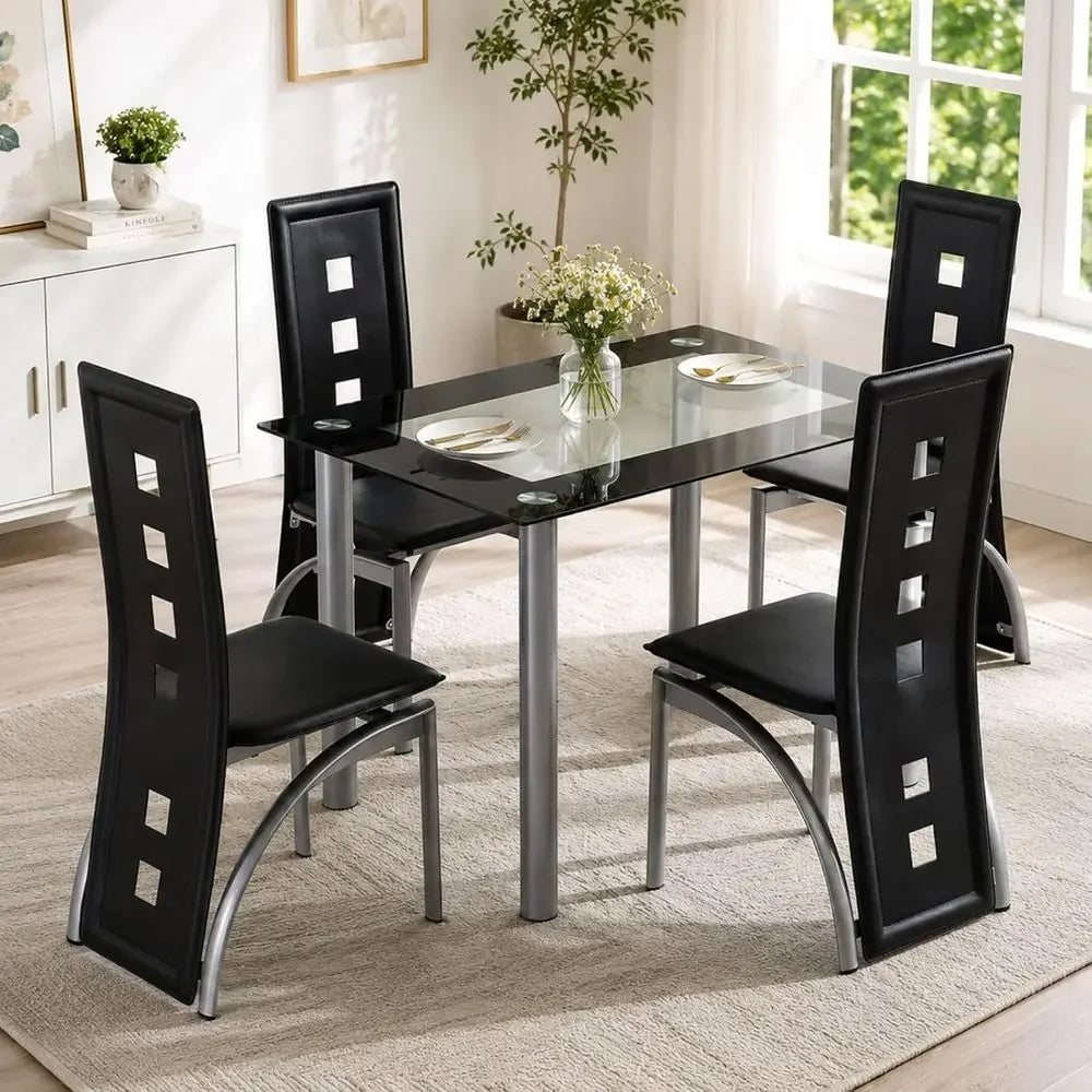 5-Piece Dining Table Set with 1 Glass Dining Table and 4 PVC Chairs, ern Dining Table Set or Kitchen & Breakast Dining Living Ro
