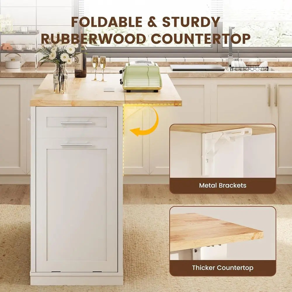 53'' Rolling Kitchen Island with Power Outlet, Drop Lea & Trash Can Storage, Large Island Cart on Wheels with Rubberwood Top, 4