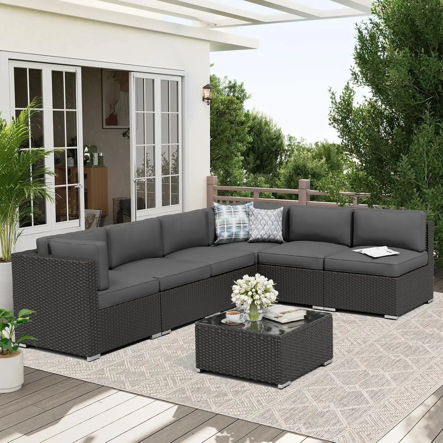 7-Piece Outdoor Patio Furniture Set Grey Rattan Wicker Sectional Sofa Conversation Sets with Cushions and Glass Top, Custom