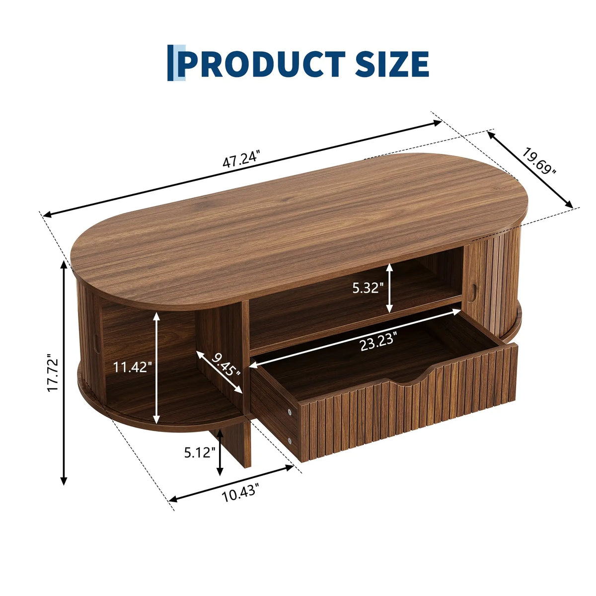 HiMISS Oval Coffee Table With Storage And Fluted Wood Design
