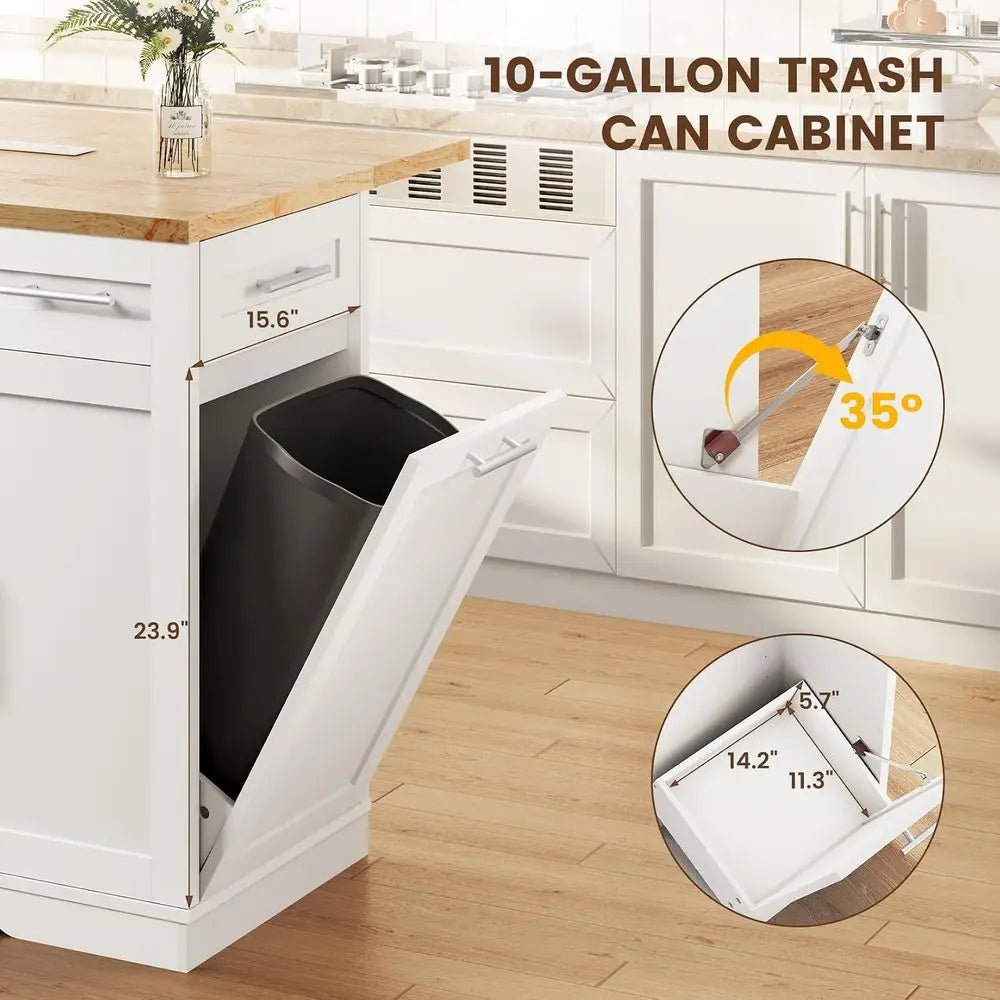 53'' Rolling Kitchen Island with Power Outlet, Drop Lea & Trash Can Storage, Large Island Cart on Wheels with Rubberwood Top, 4