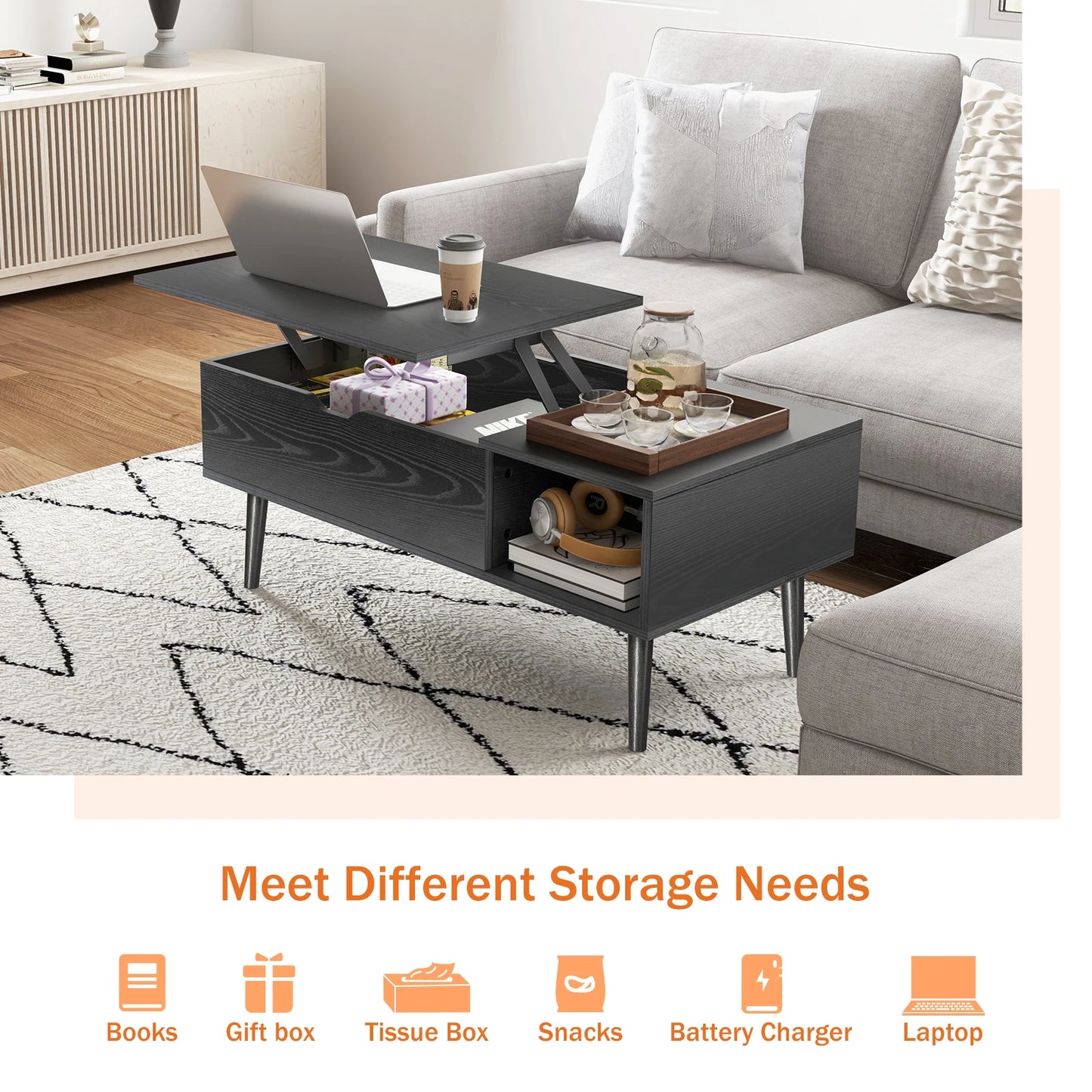 JHK Wooden Lift Top Coffee Table With Adjustable Storage Shelf