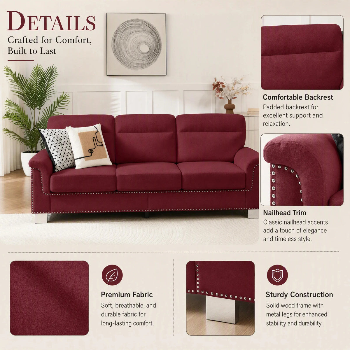 Modern Three Seater Sofa With Nailhead Trim And Metal Legs