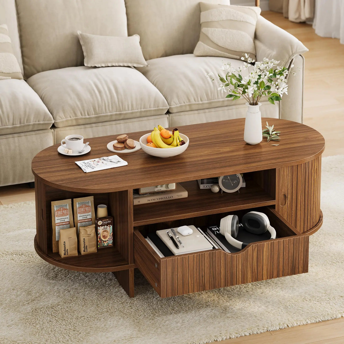HiMISS Oval Coffee Table With Storage And Fluted Wood Design