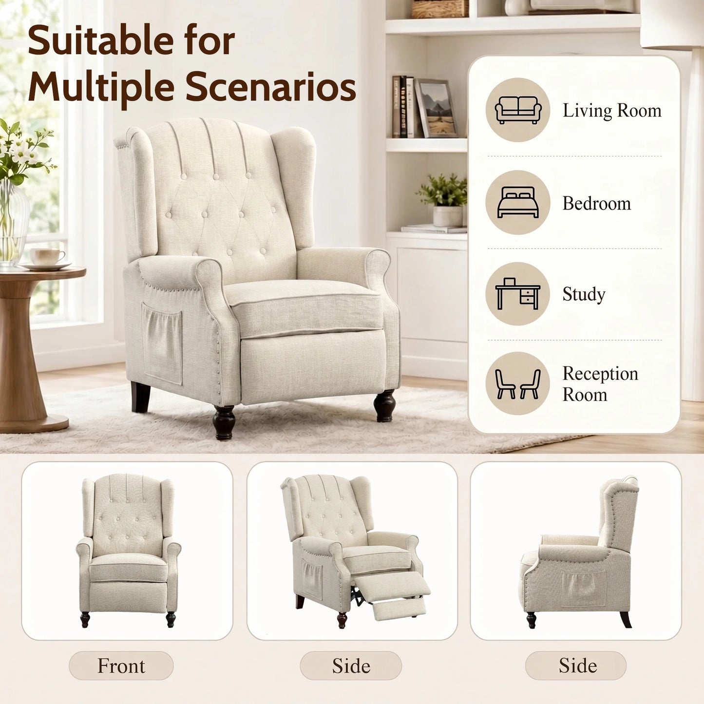 TCGBKAF Mid Century Wingback Pushback Recliner Armchair Massage & Heated Recliner Chair with Button-Tufted Back, Rivet Decoration and Solid Wood Legs for Living Room, Bedroom & Office