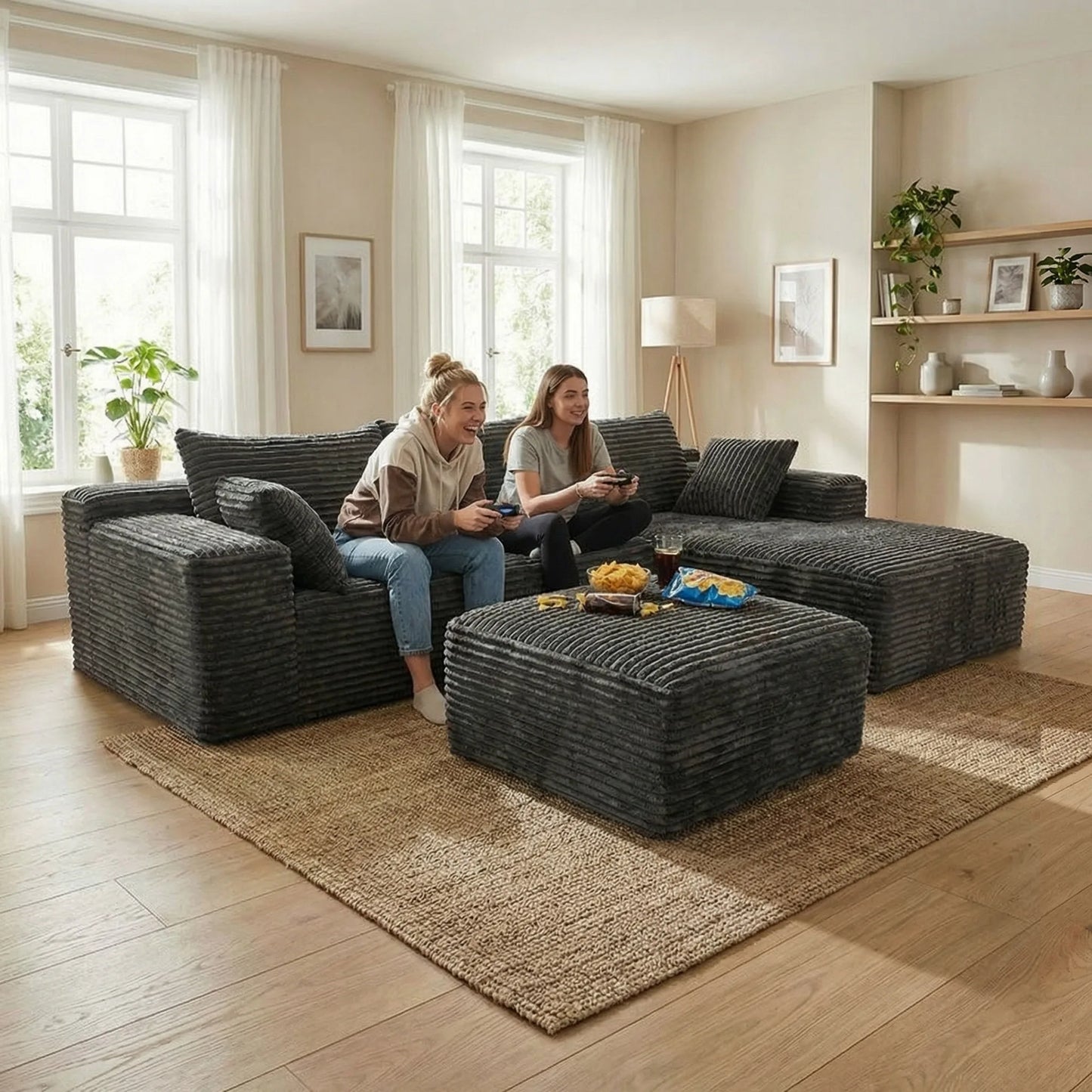 Light Luxury Minimalist Wide Vertical Striped Corduroy Modular L-Shaped Corner Sectional Sofa with Ottoman Footstool, Freely Combinable Cloud Chaise Lounge Lazy Cube Sofa, Oversized Deep Seat No Assembly Fabric Couch with Thr