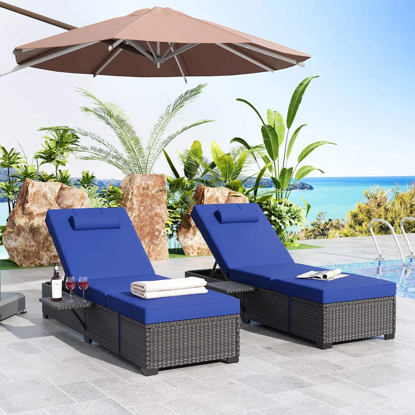 Outdoor Chaise Lounge Chairs Set of 2, 78" Pool Lounge Chairs with Adjustable Back, Foldable Side Table & Washable Cushions, Wicker Rattan Patio Loungers for Poolside Deck Beach Yard