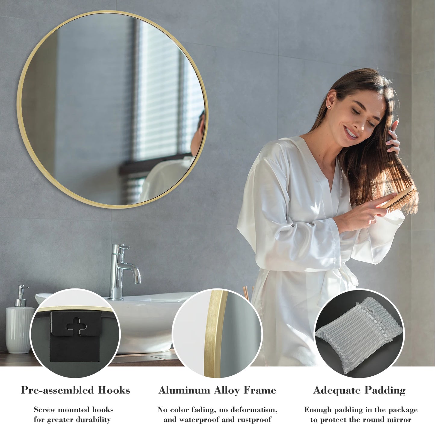 JHK Gold Round Vanity Mirror With Matte Metal Frame