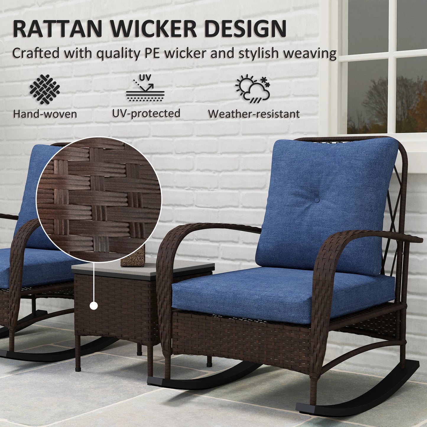 Patio Furniture Set, Rocking Chairs W/ Coffee Table, Cushion Brown