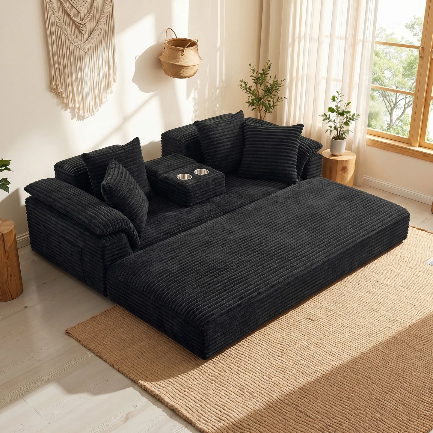 Oversized Black Striped Corduroy 3-Seater Sofa with Middle Cup Holder, Flipable Design, Customizable DIY Modular Couch, Soft Fluffy Plush Fabric Sofa, Wide Armrest Minimalist Leisure Furniture for Apartment, Bedroom & Living