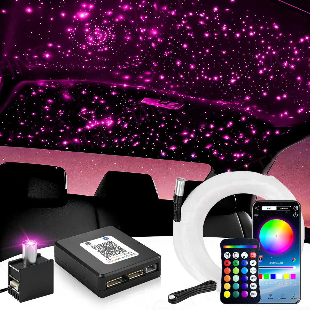 16W Split Starlight Headliner Kit, Fiber Optic RGBW Star Lights for Car Roof Ceiling with 1/2/4 Light Heads, APP/Remote Control, Static 10 Colors